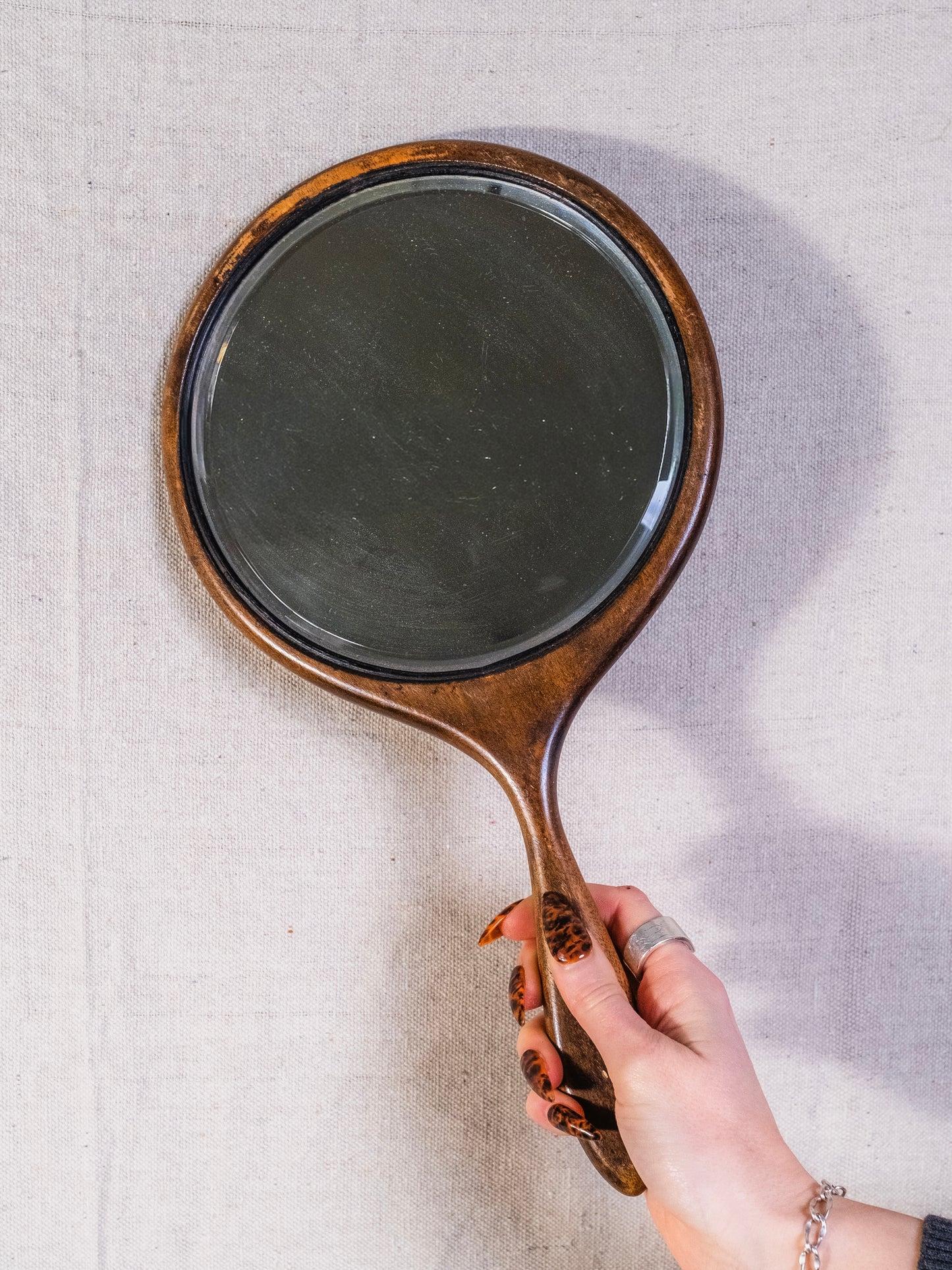 Vintage 1950s Wood Beveled Glass Hand Mirror