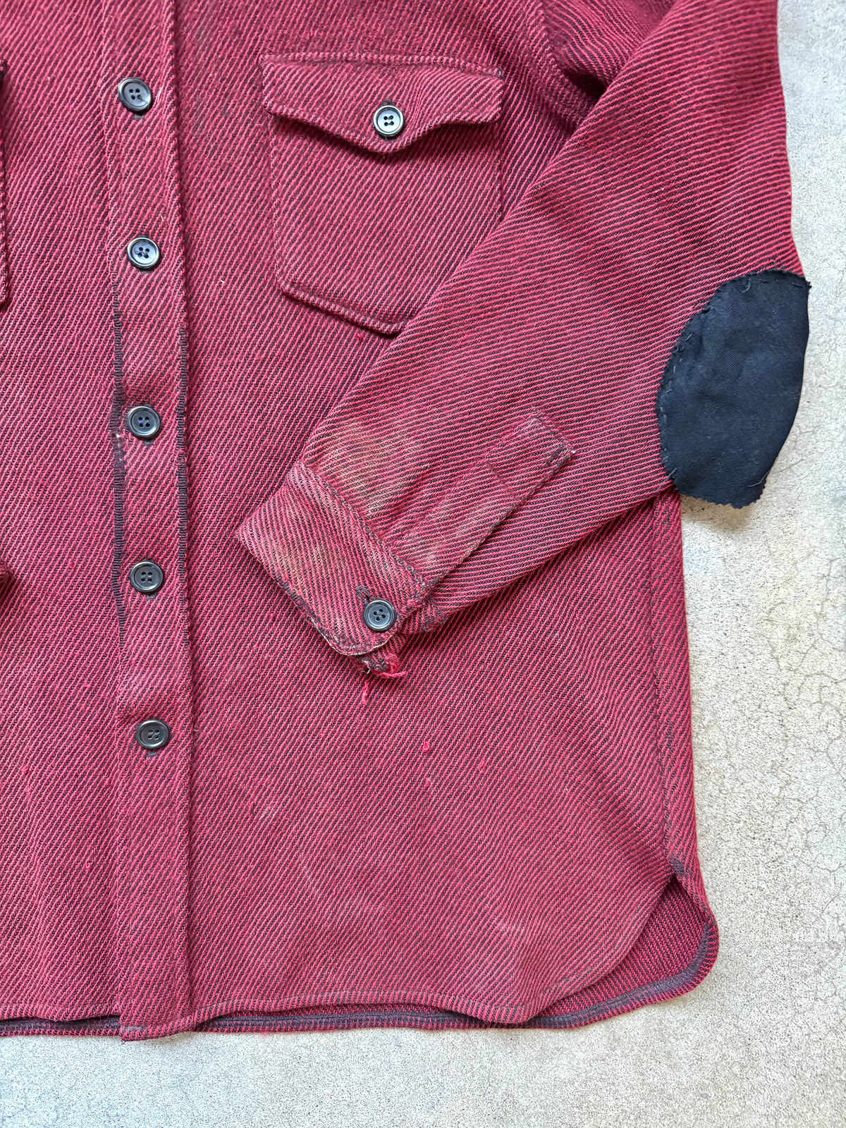 Vintage 1980s L.L. Bean Red & Black Woven Wool Elbow Patched Shirt Jacket | XL