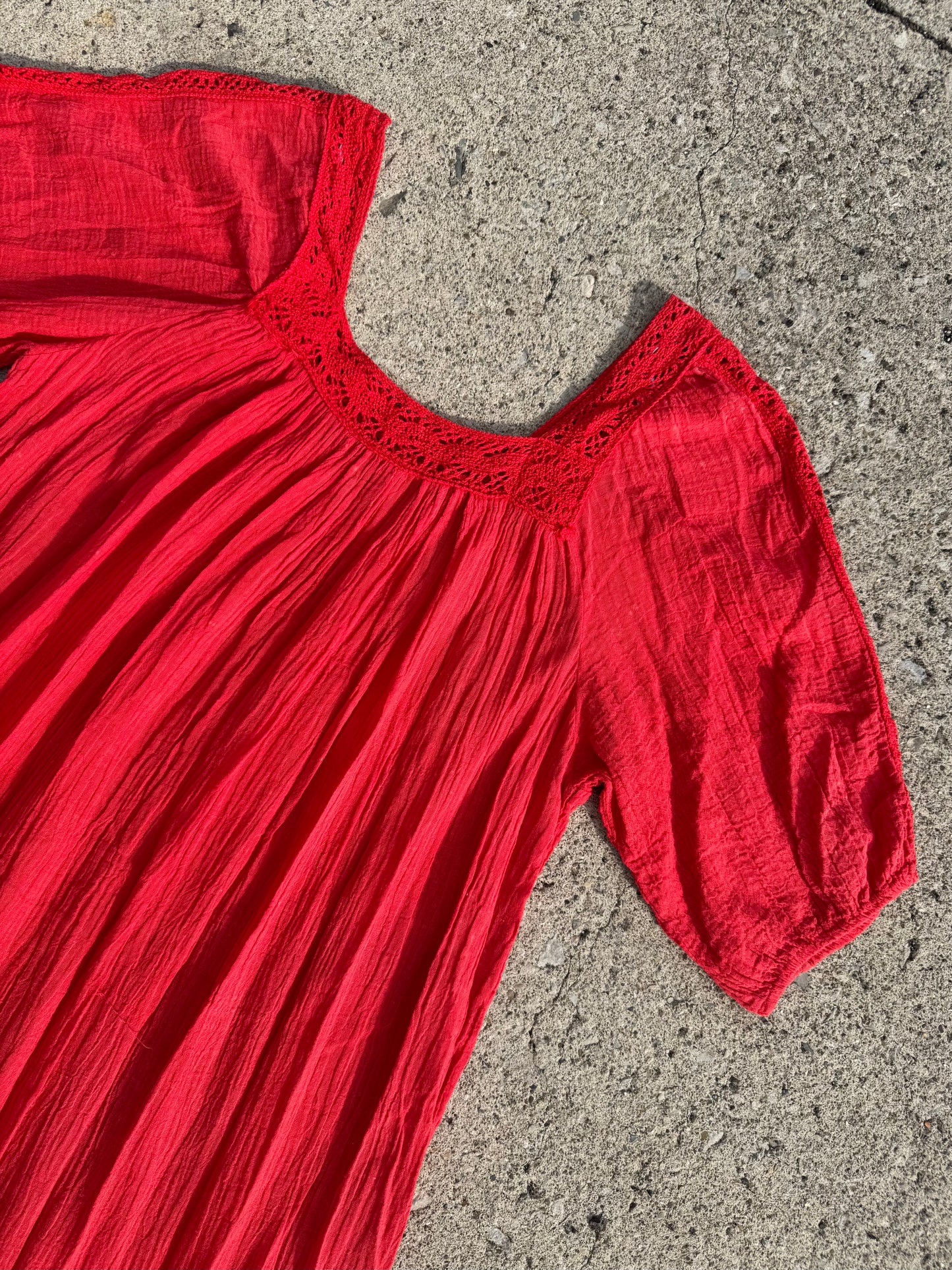 Vintage 1970s Red Crochet Trim Cotton Gauze Dress | Medium