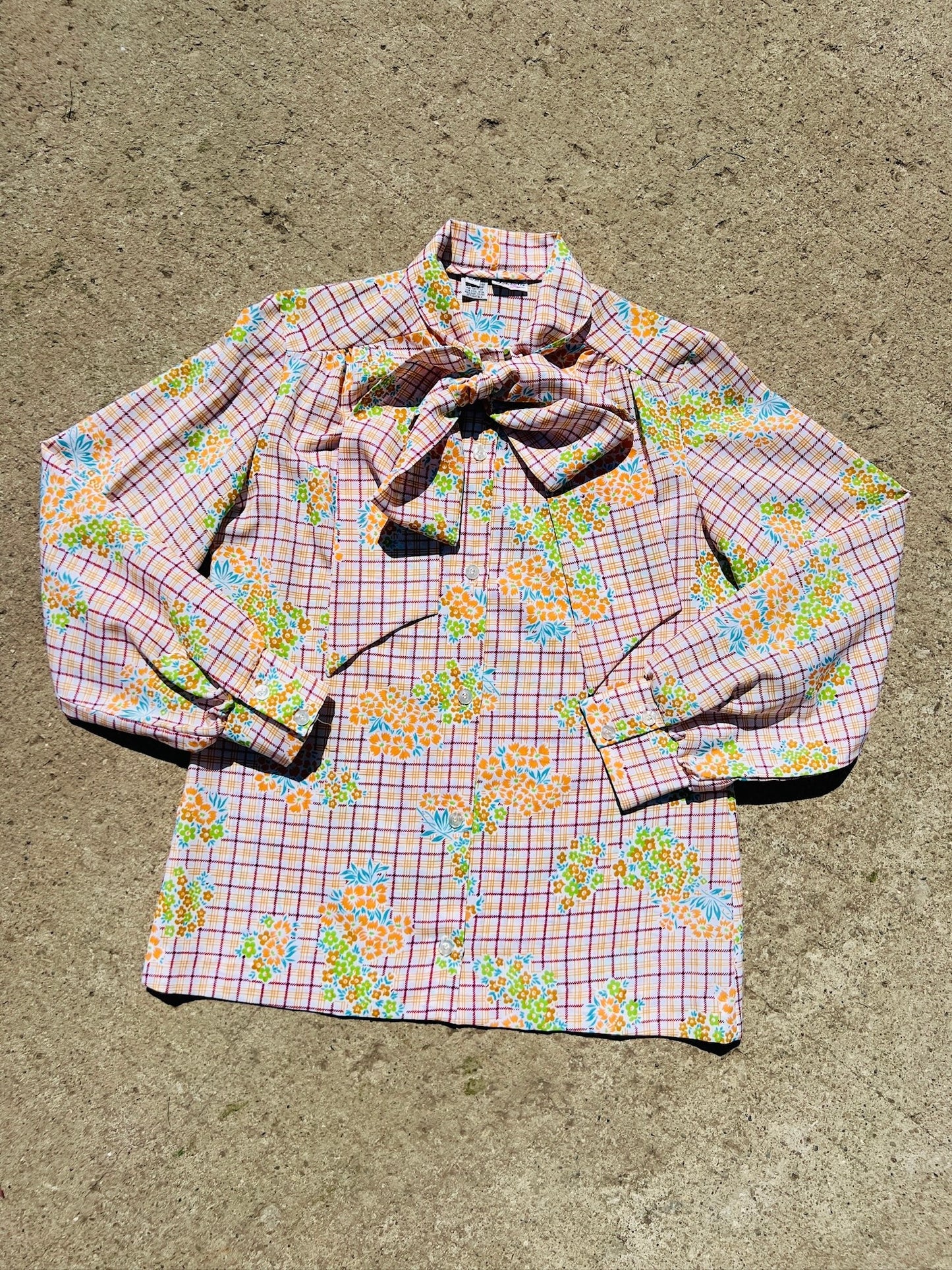 Vintage 1970s Jami Originals Floral Tie Neck Bow Blouse | S/M