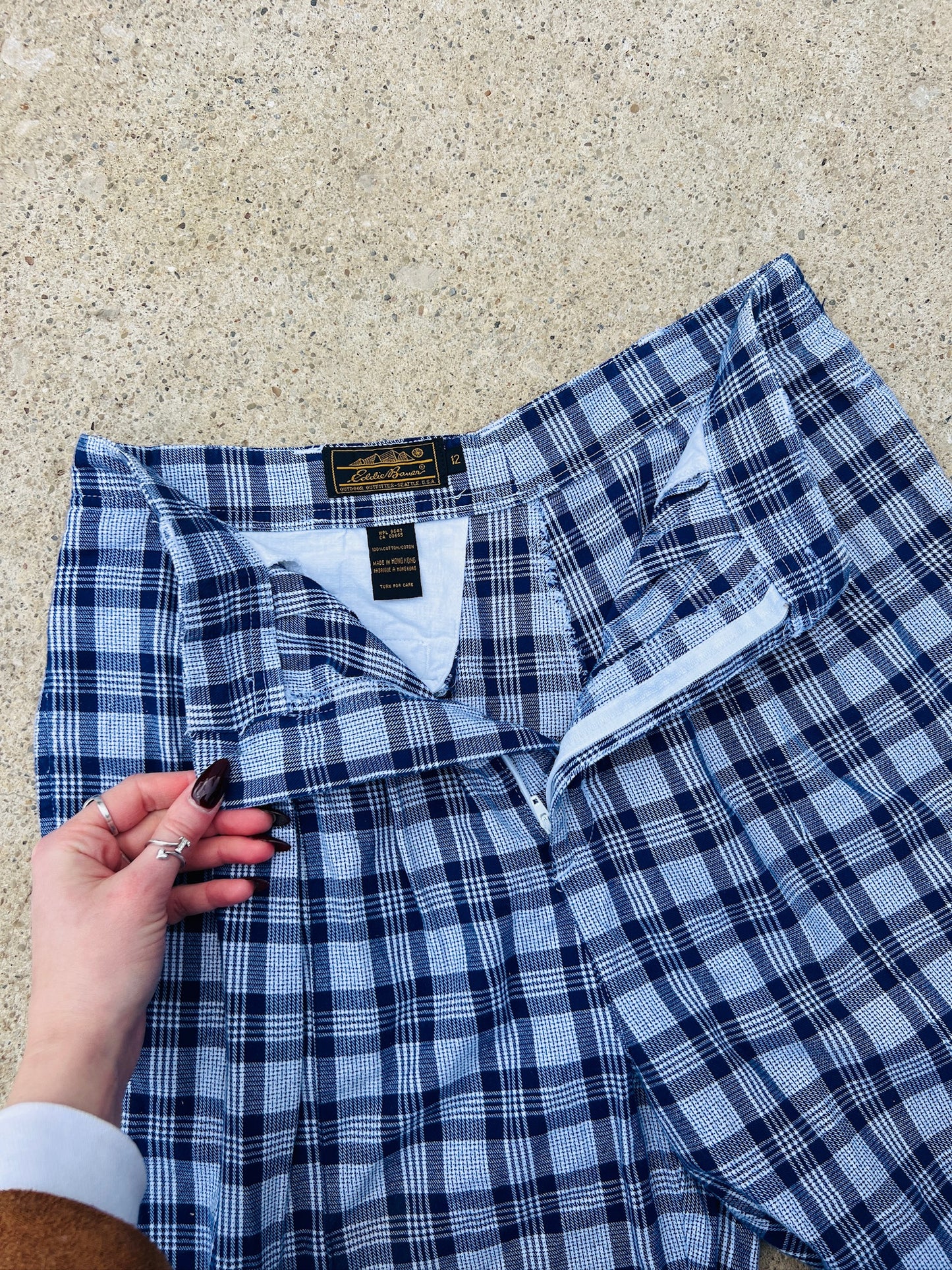 Vintage 1990s Eddie Bauer Blue Plaid Pleated Cotton Trousers | Waist 30”
