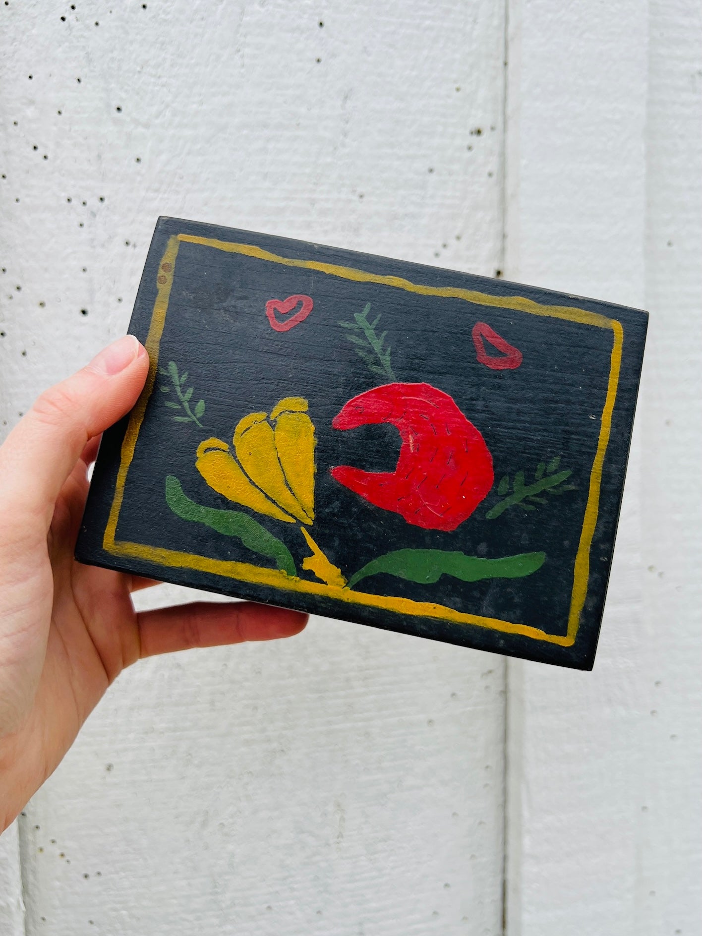 Antique Scandinavian Wood Hand Painted "Bear and Flower" Box