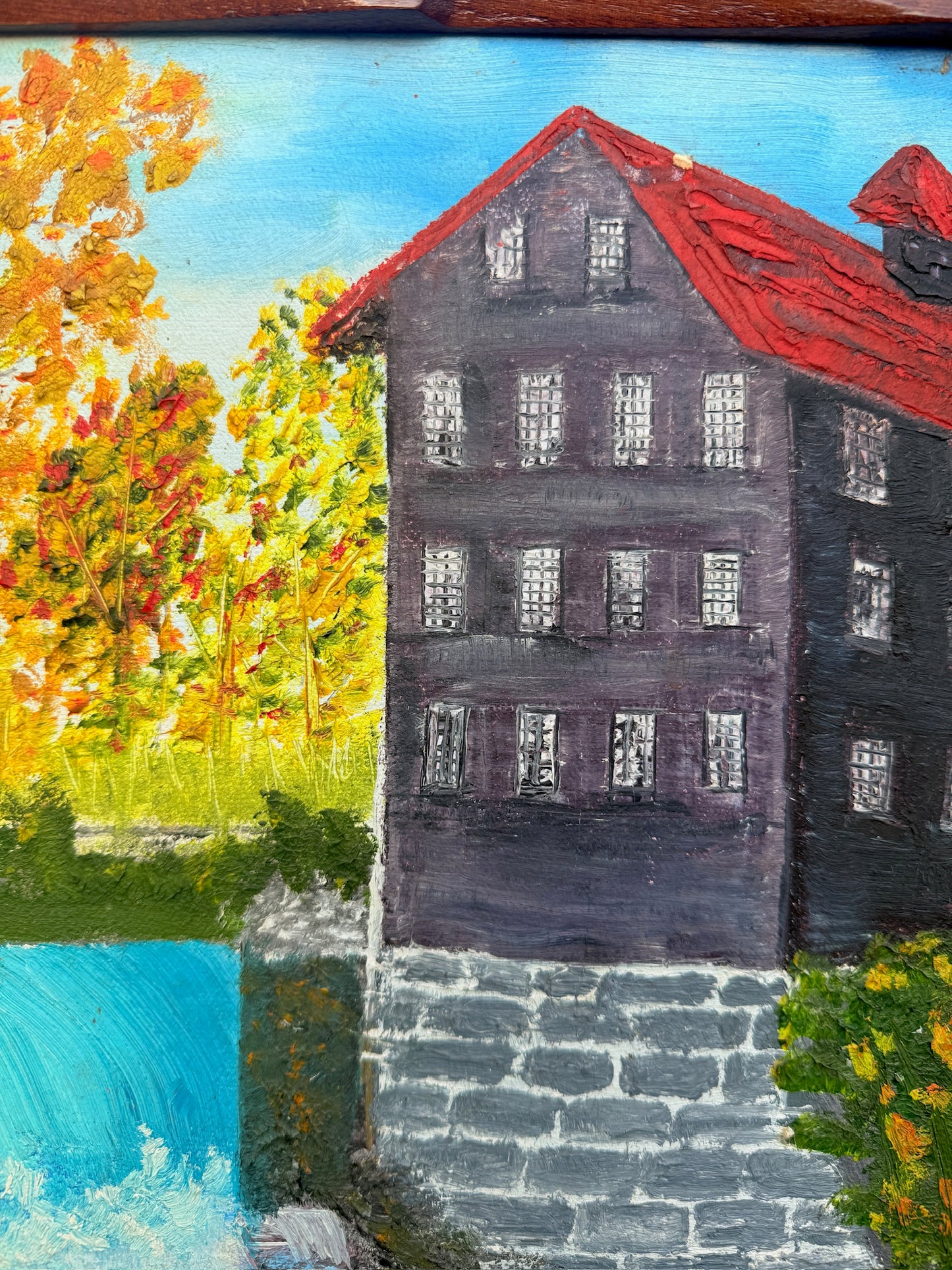 Vintage Framed & Signed Oak Leaf Bordered Watermill Landscape Oil on Canvas