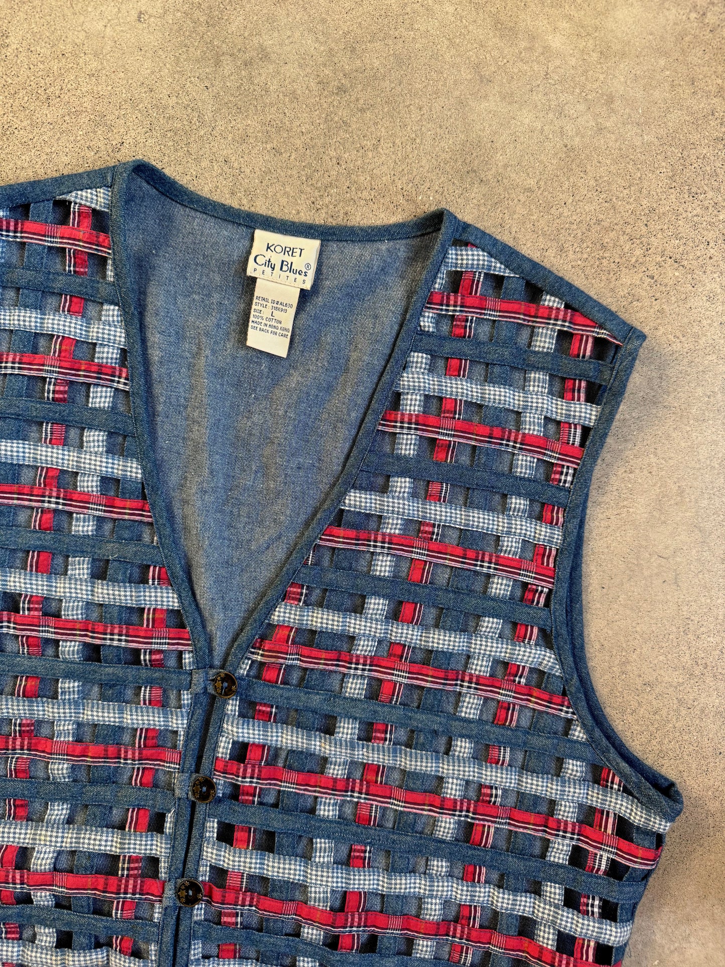 Vintage 1990s Koret City Blues Denim Lattice Woven Vest | Large