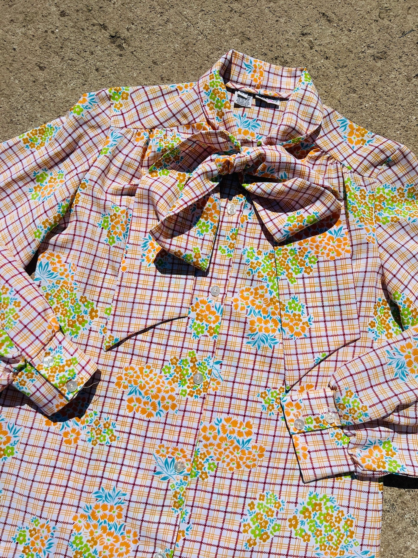Vintage 1970s Jami Originals Floral Tie Neck Bow Blouse | S/M