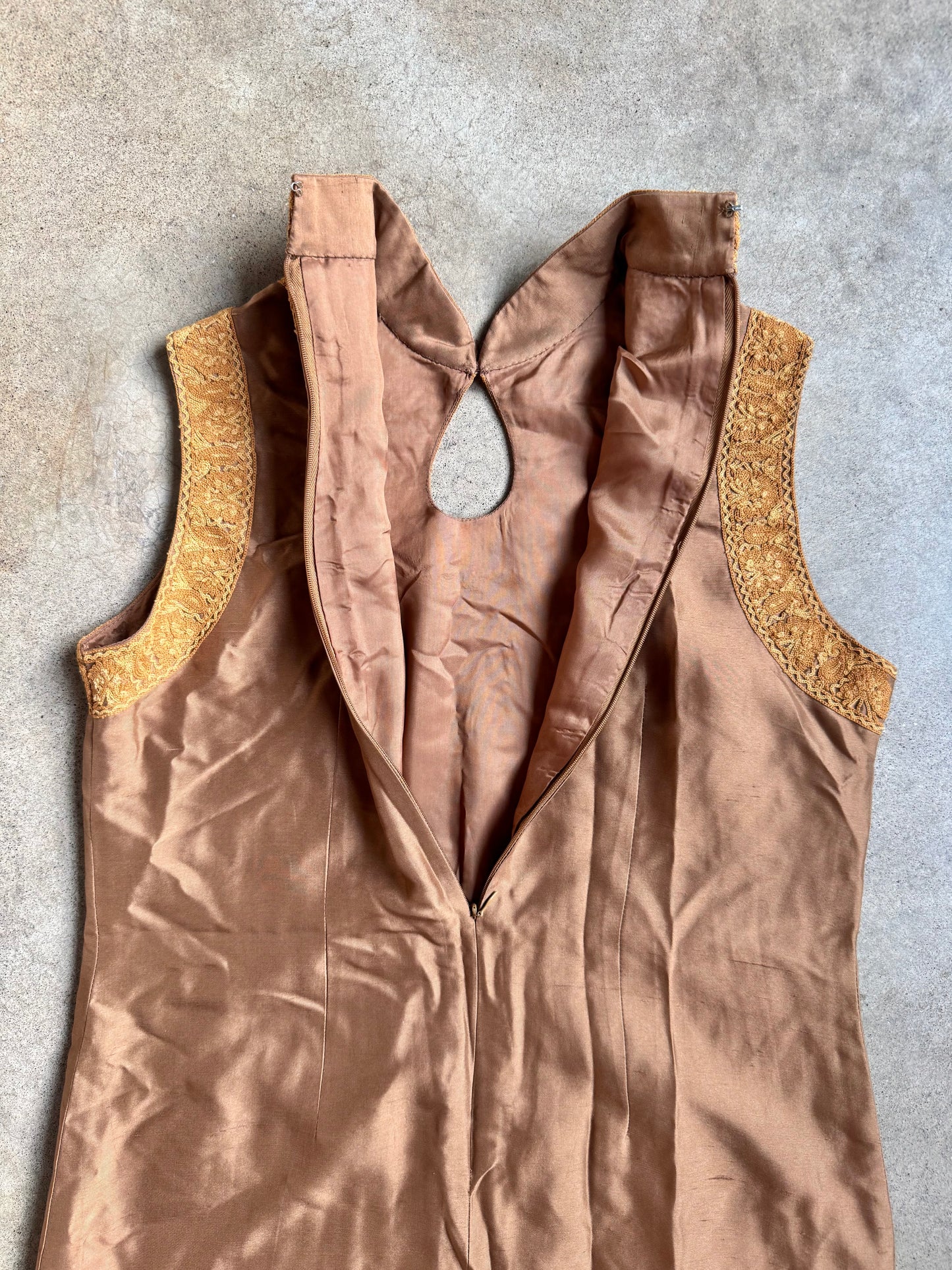 Vintage Brown Silk Sleeveless Tunic w/ Gold Embroidered Trim | Medium