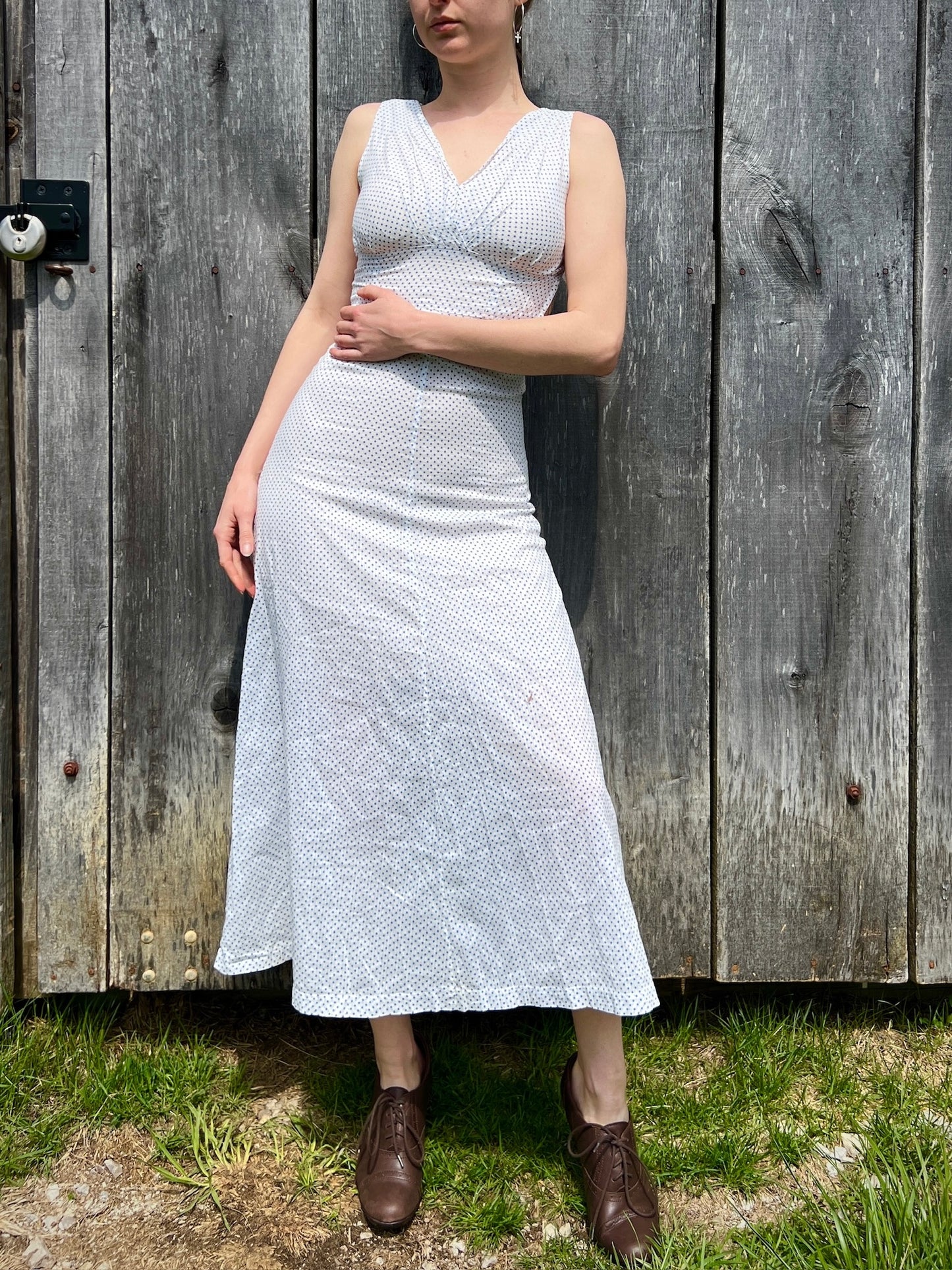 Vintage 1950s Blue Polka Dot Plunge Midi Dress | XS
