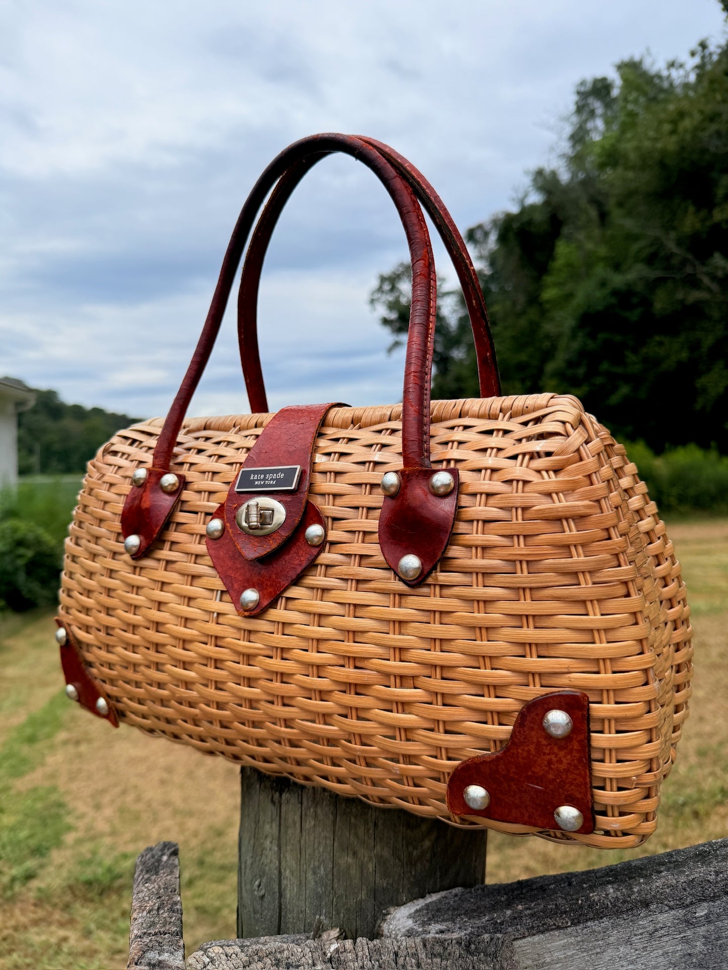 Vintage 1990s Kate Spade Woven Wicker & Leather Accent Top Handle Bag