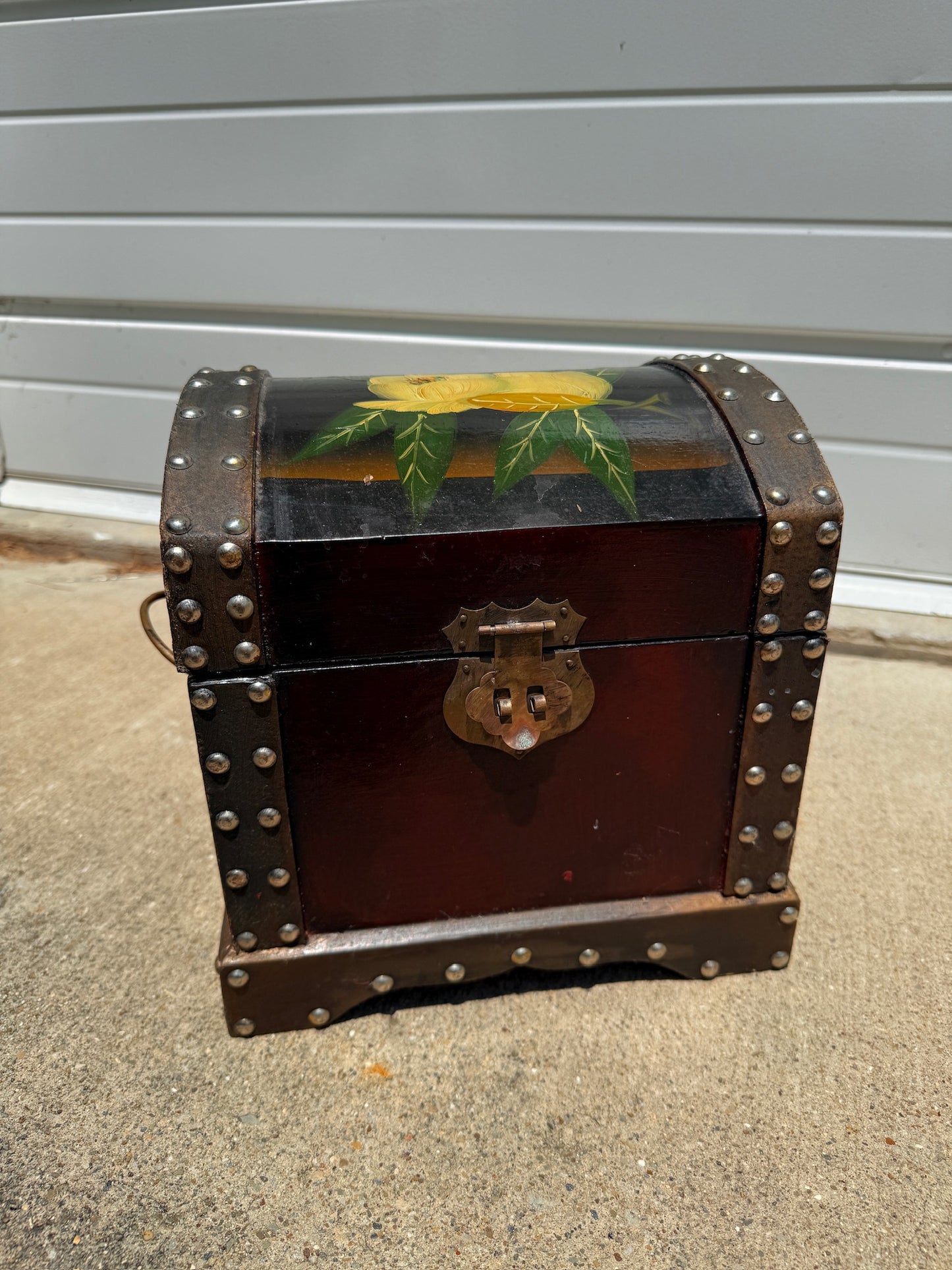 Vintage 1950s Hand-Painted Floral Small Wooden Chest