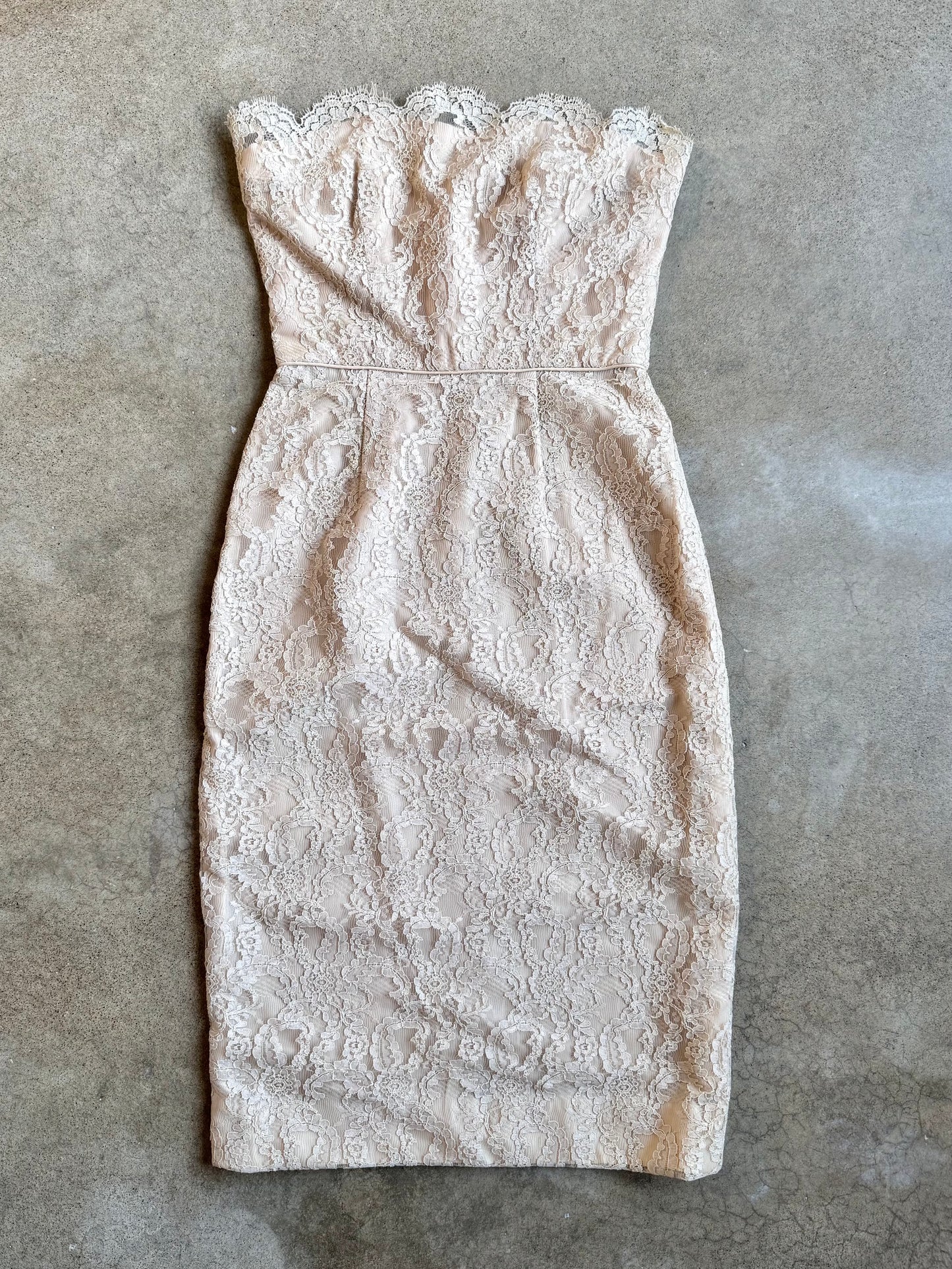 Vintage 1950s Carol Robins Nude Lace Strapless Cocktail Dress | XS