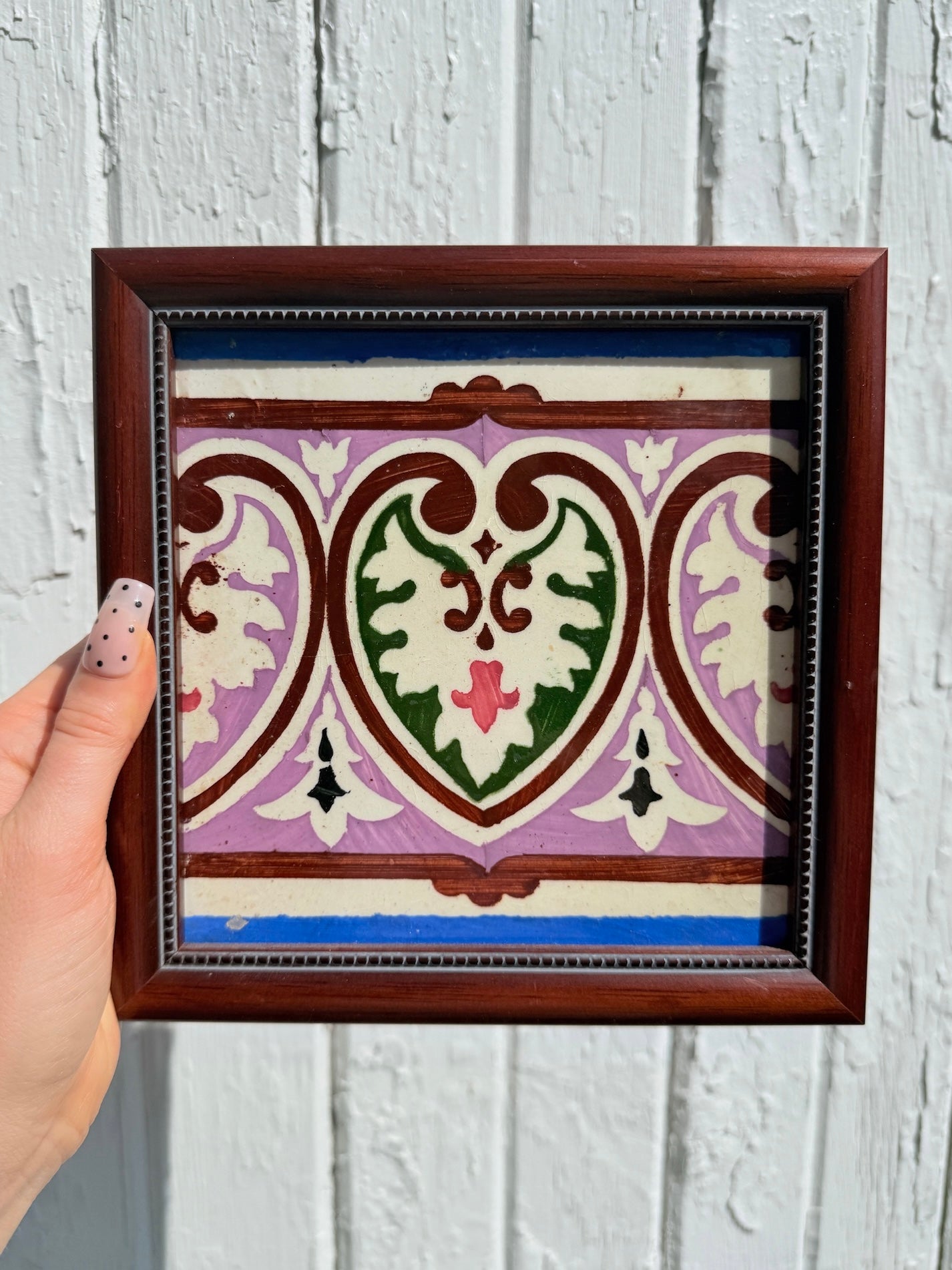 Antique 1920s Framed Hand-Painted Ceramic Tile