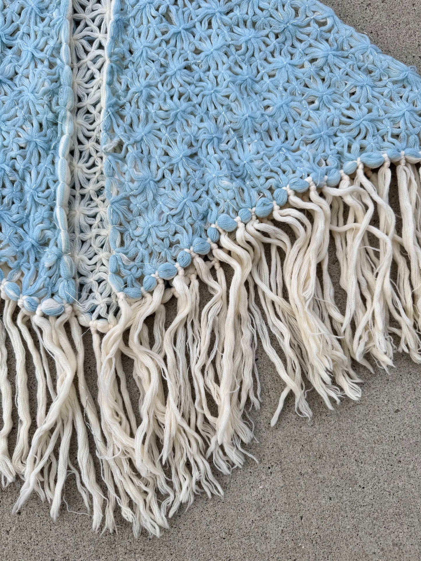 Y2K Cream & Blue Reversible Crochet Fringe Shawl