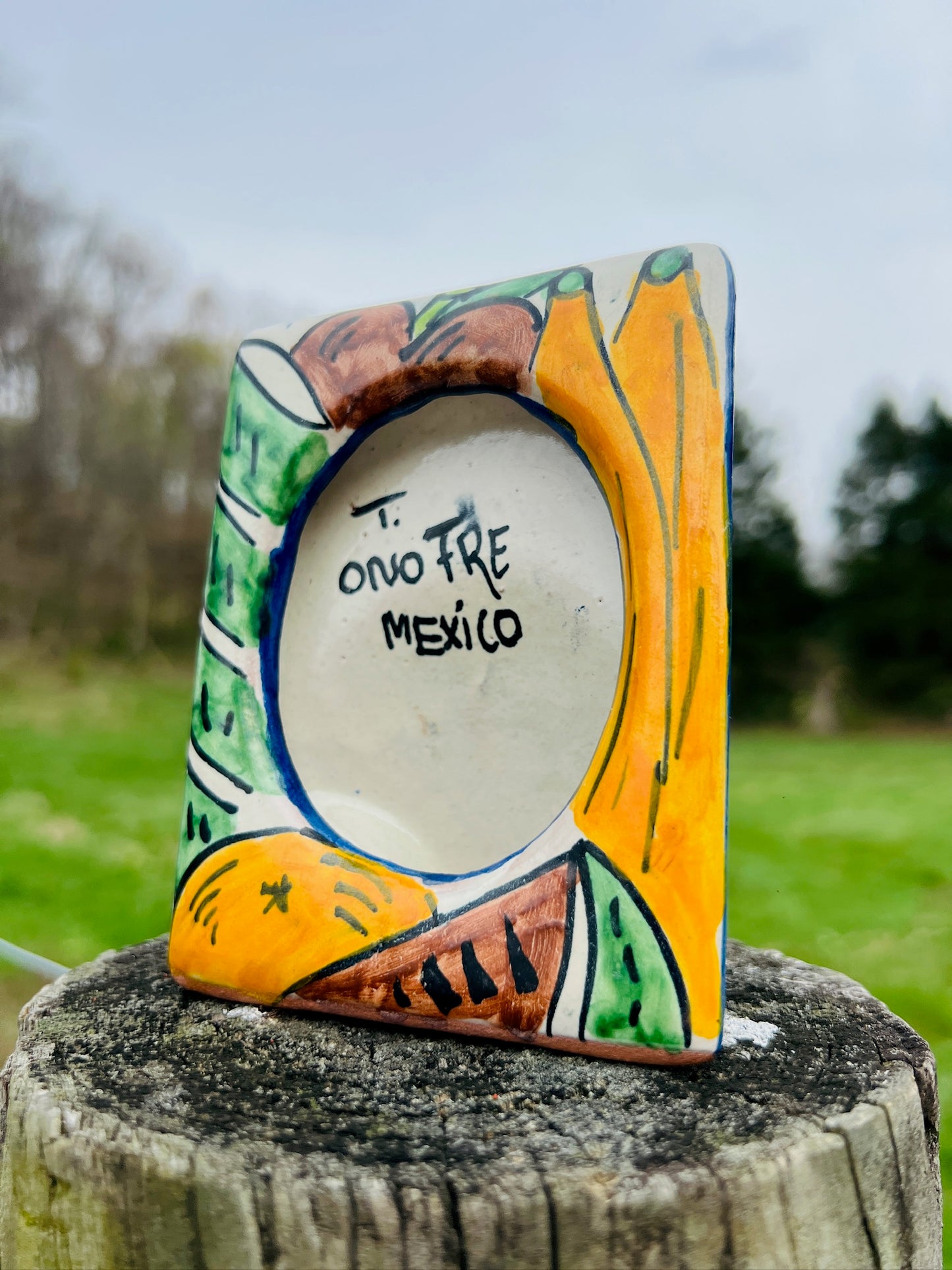 Vintage 1960s Mexican Hand-Painted Fruit Pattern Terracotta Picture Frame