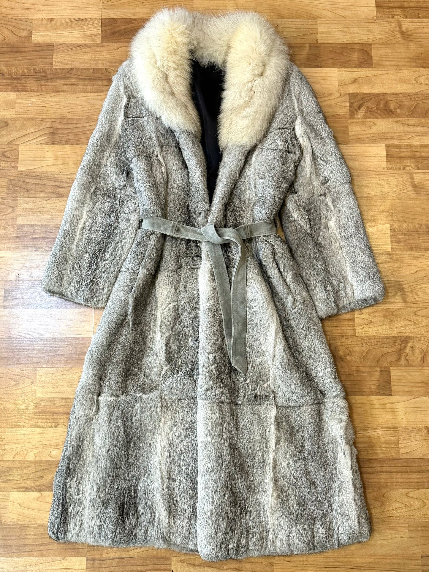 Vintage Grey Rabbit Fur Tie Waist Coat | Medium