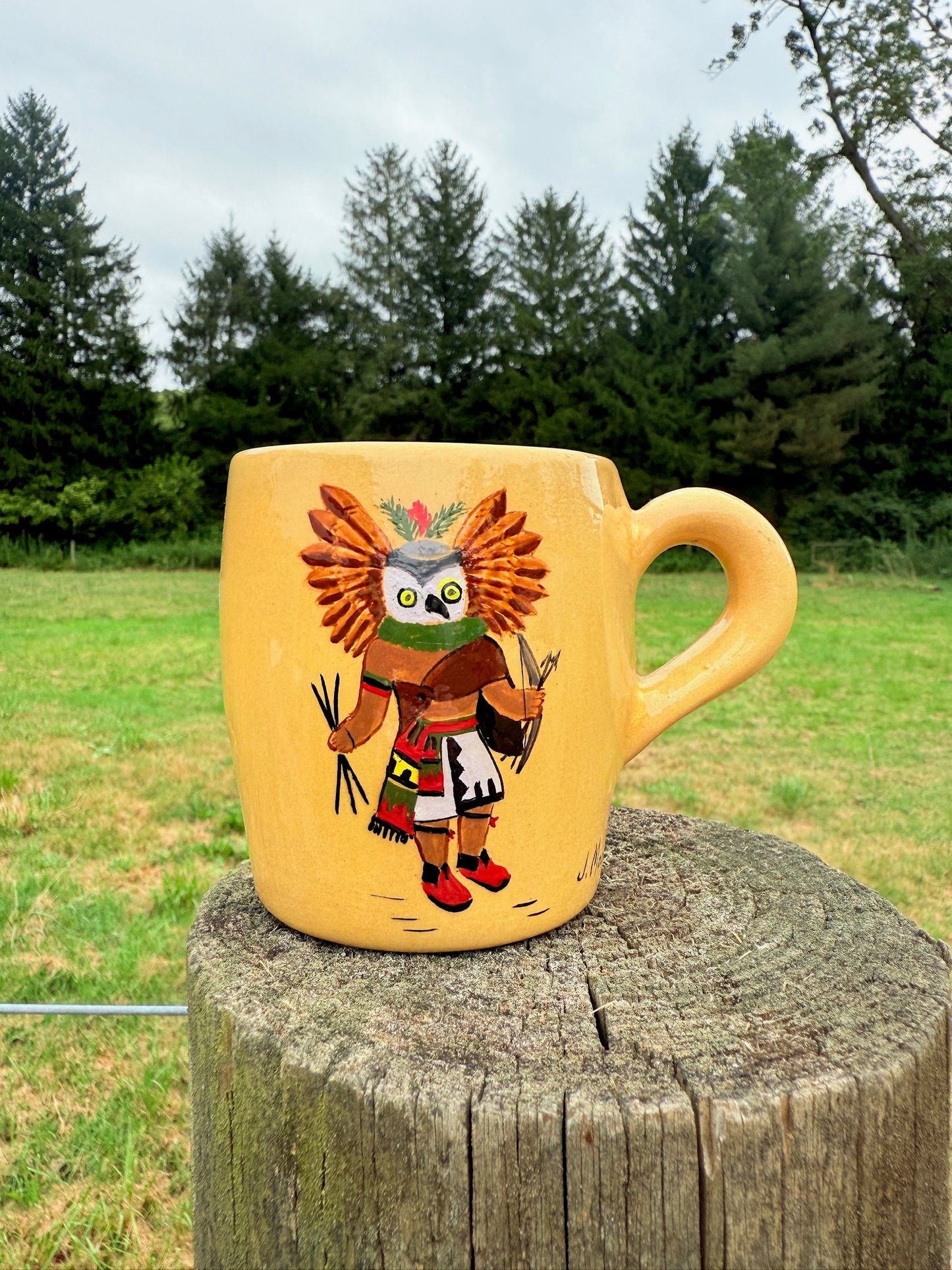 Vintage 1950s J. Moore Hand-Painted Ceramic Native American Coffee Mugs | Set of 5