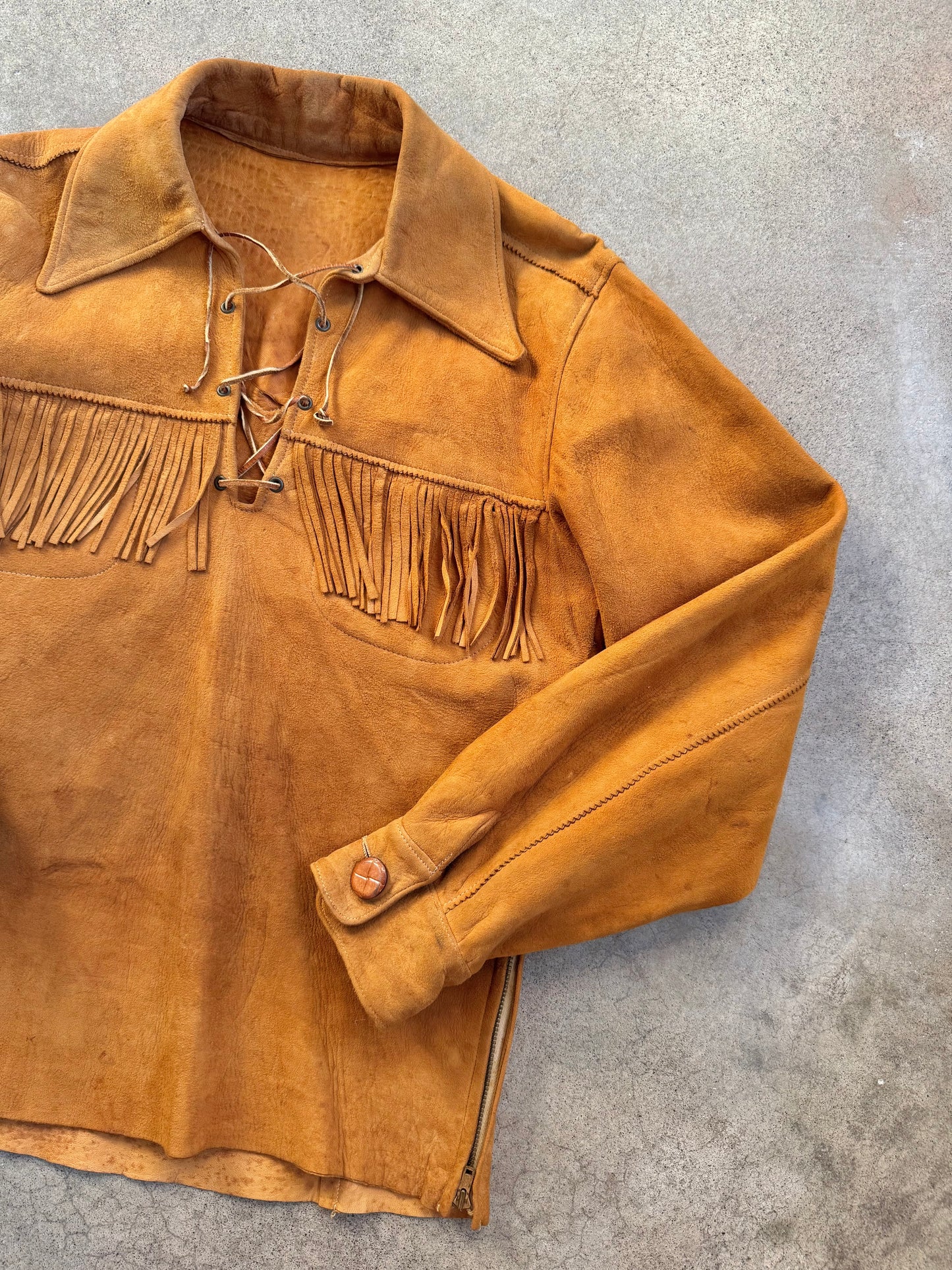 Vintage 1970s Handmade Deerskin Suede Leather Lace-Up Fringe Shirt | M/L