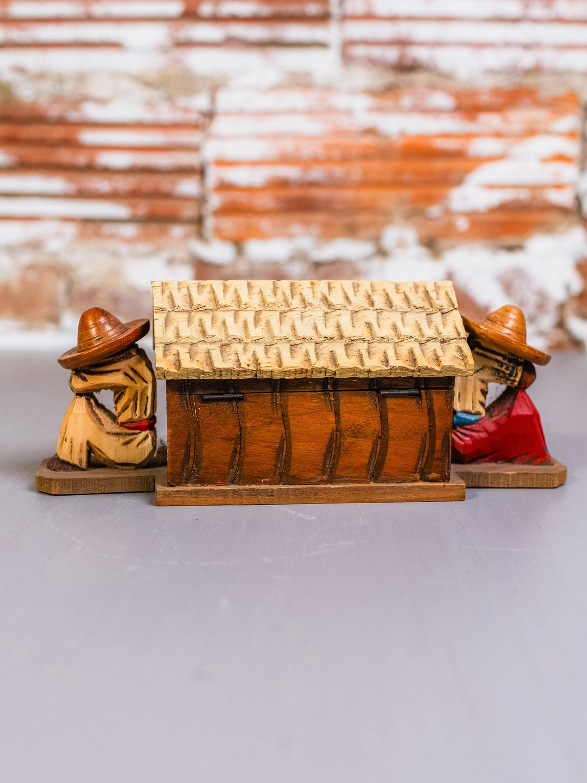Vintage 1960s Wood Carved House & Sleeping Couple Trinket Box
