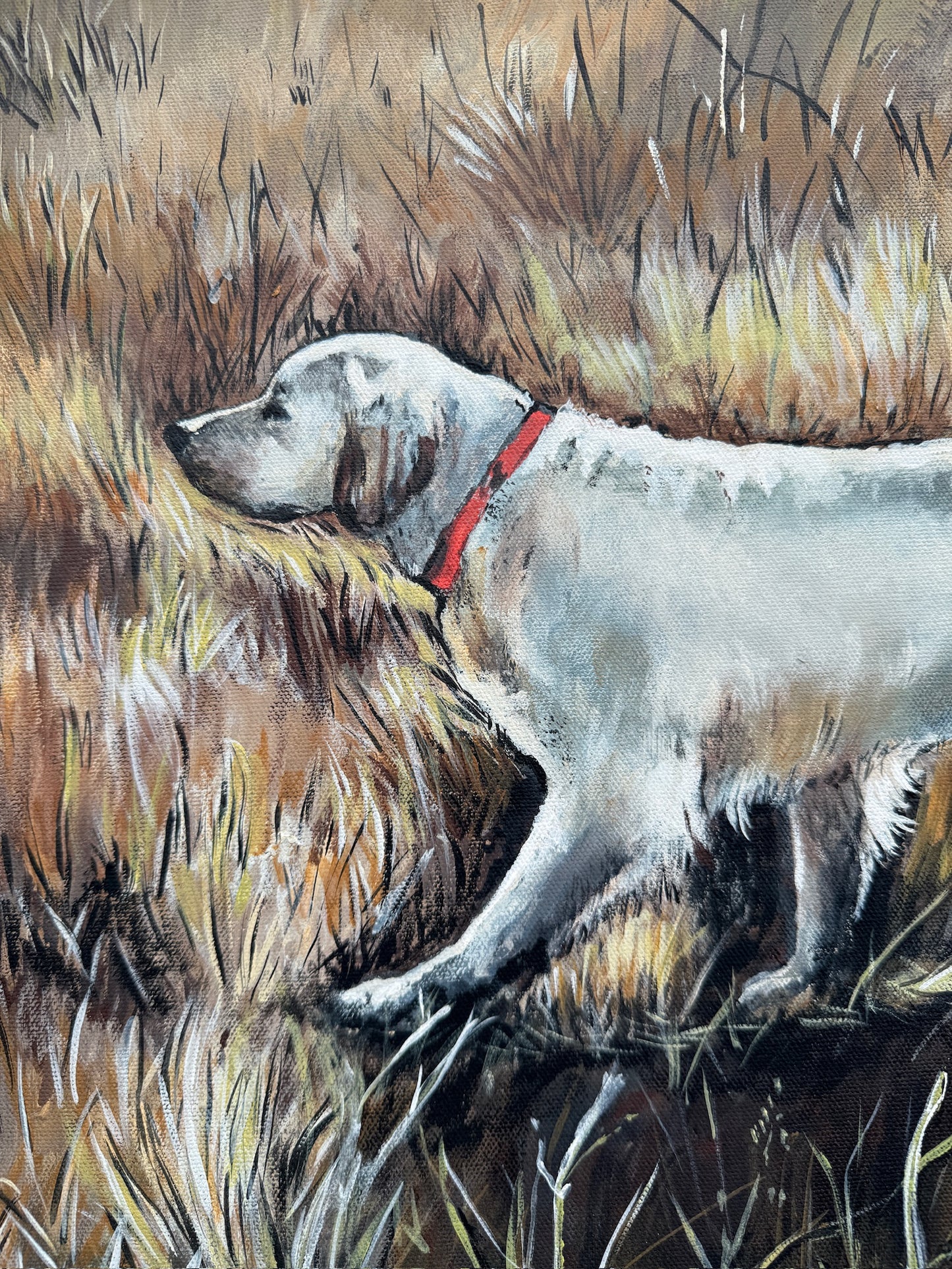 Vintage 1980s Framed & Signed “Dog in the Field” Oil On Canvas Painting