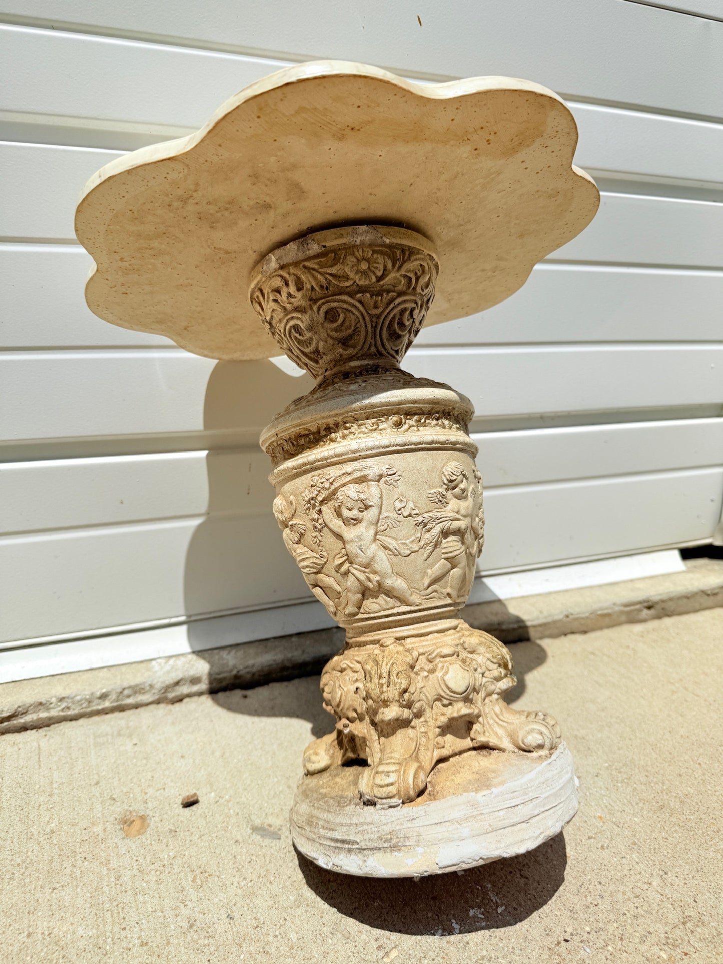 Vintage 1950s Baroque Style Marble Top Cherub Plaster Side Table