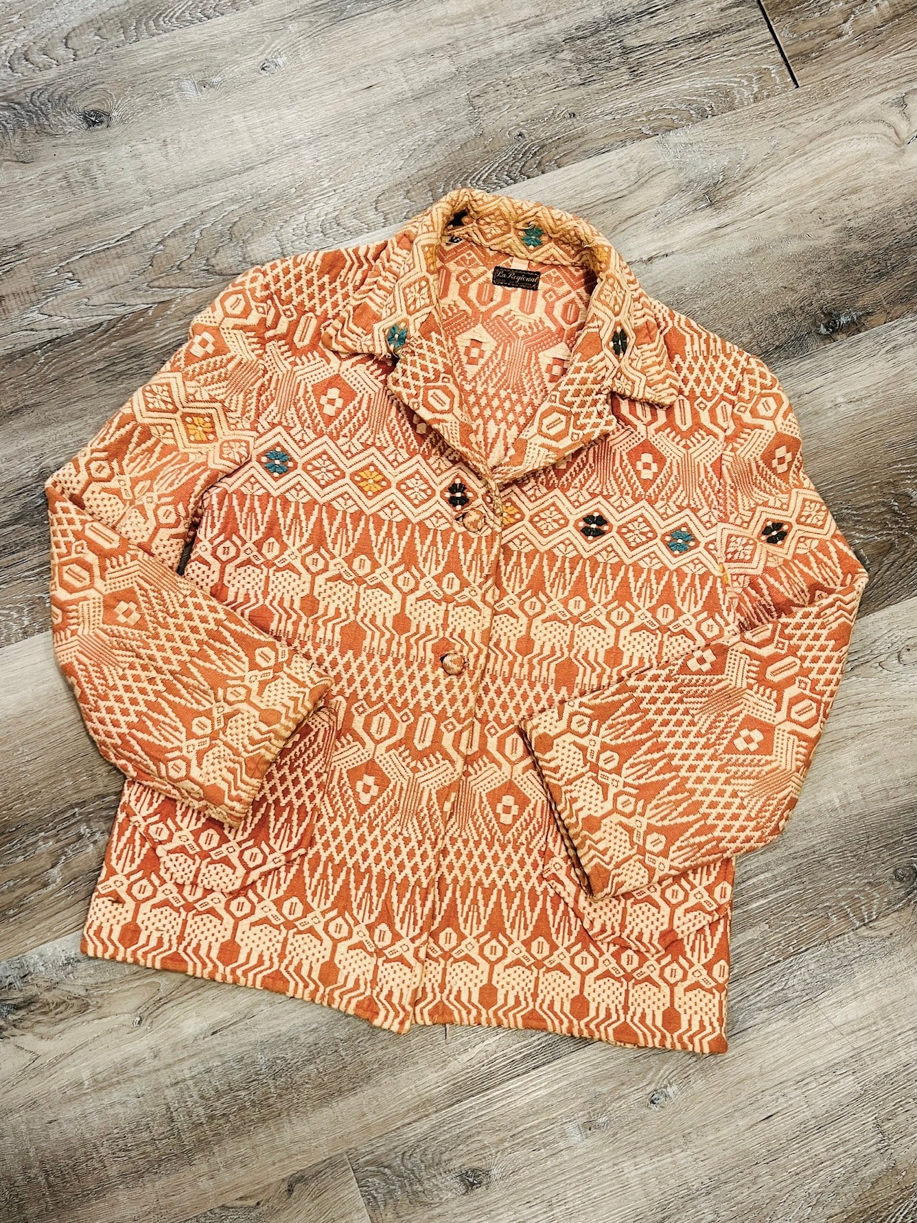Vintage 1940s La Regional Orange Woven Cotton Guatemalan Chore Coat | Small