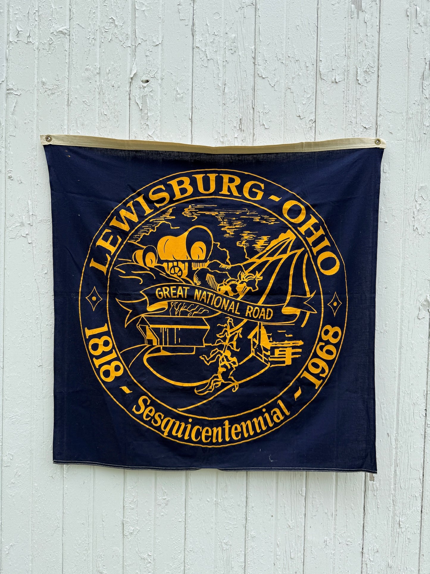Vintage 1968 Navy Blue Lewisburg OH Sesquicentennial Banner