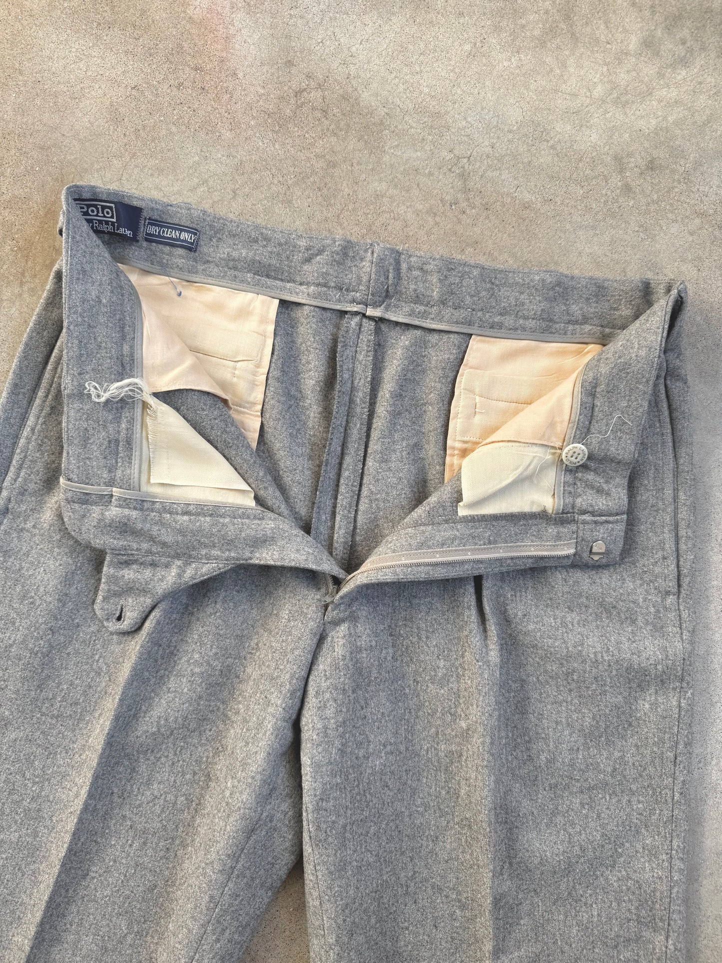 Vintage 1980s Polo Ralph Lauren Grey Wool Cuffed Trousers | Waist 36”