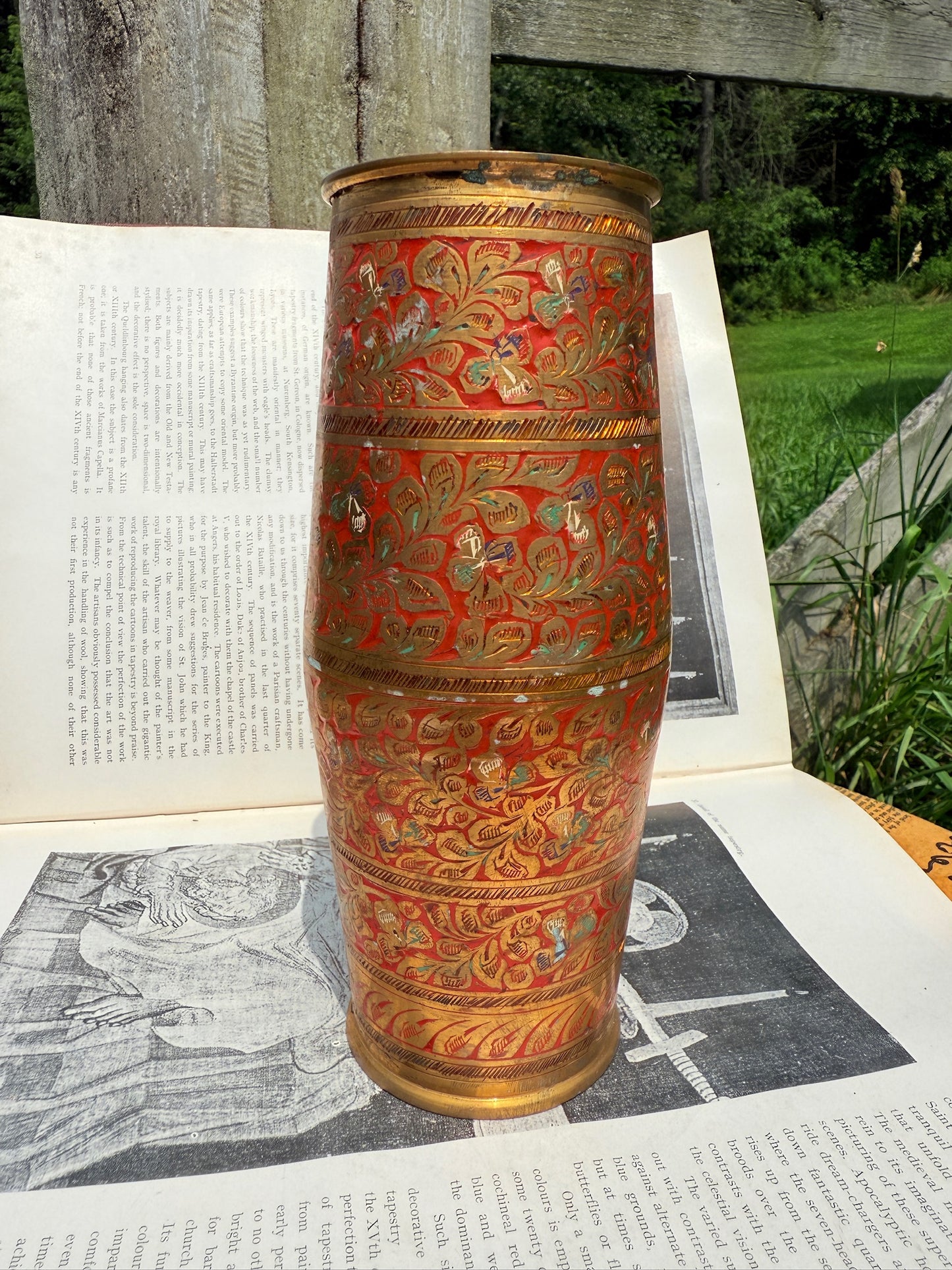 Vintage 1950s Solid Brass Floral Etched Vase