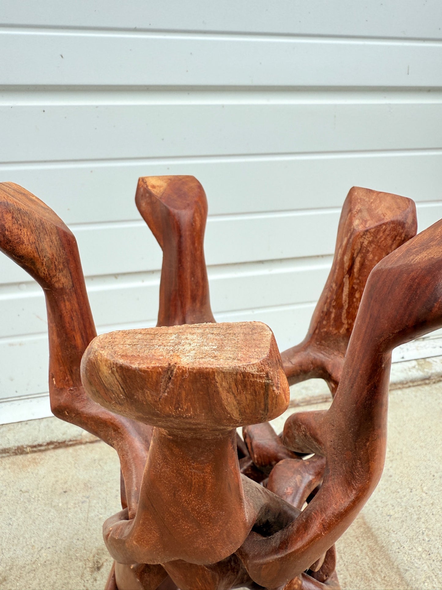 Vintage 1950s Hand-Carved Wood Interlocking 5-Leg Plant Stand