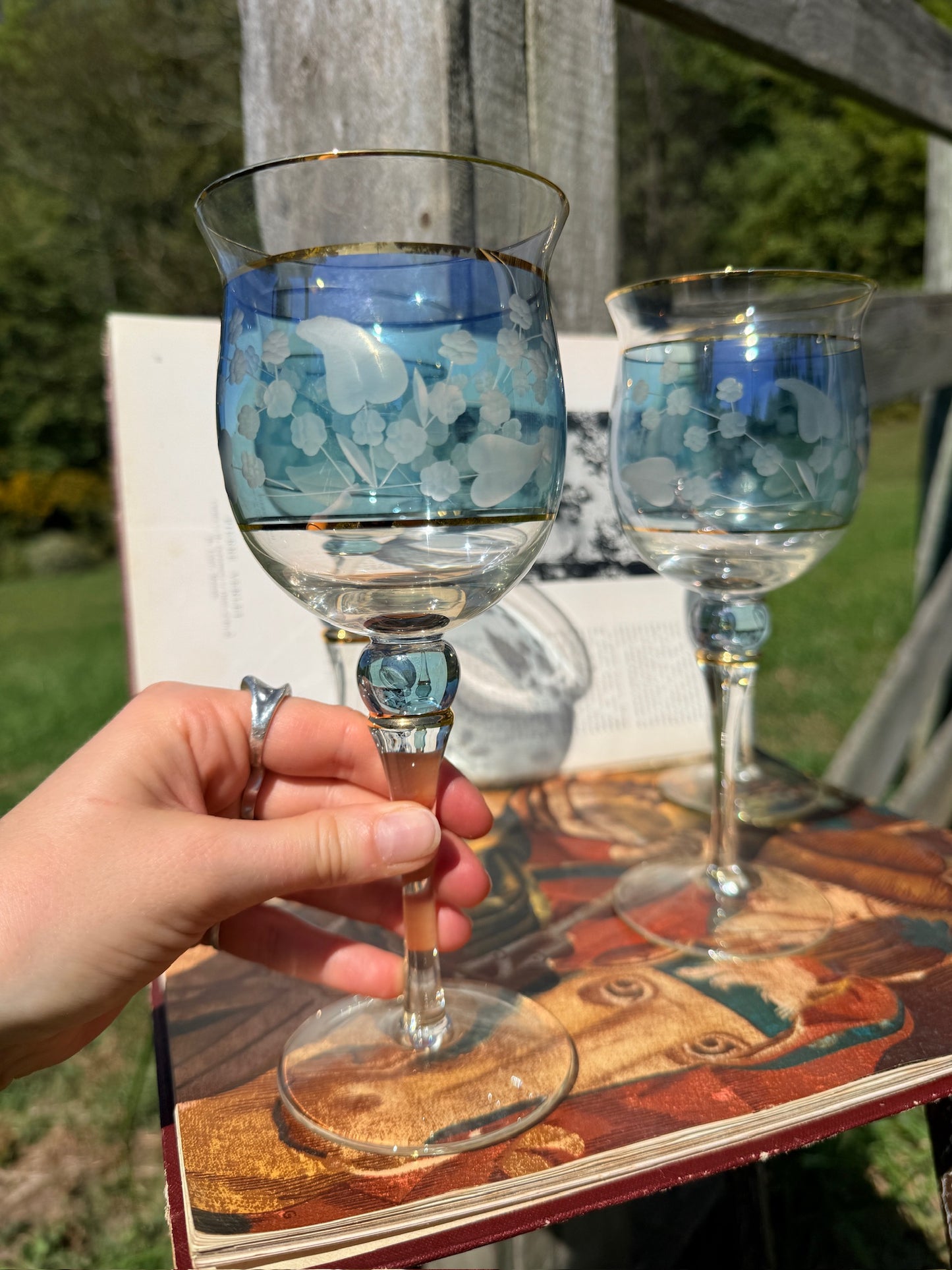 Vintage 1970s Crystal Clear Ind. Katherine Blue Floral Stemmed Goblet Wine Glasses | Set of 4