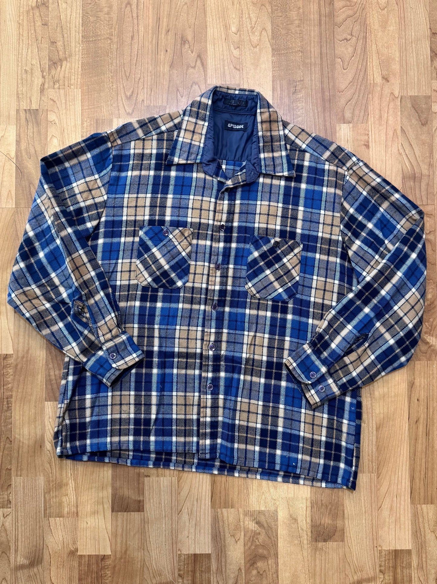 Vintage 1980s Episode Blue & Tan Plaid Flannel Shirt | XL