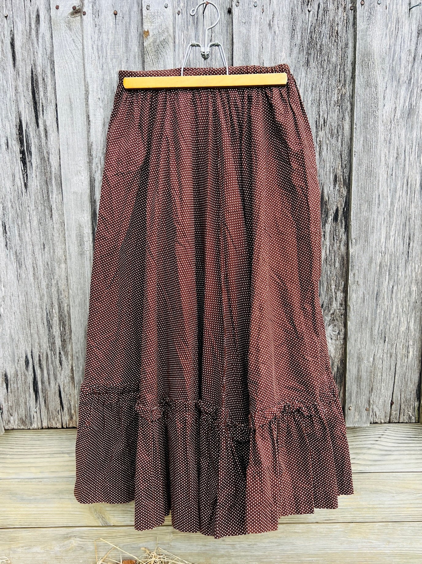 Vintage Handmade Brown Polka Dot Maxi Skirt & Sash Set | XL