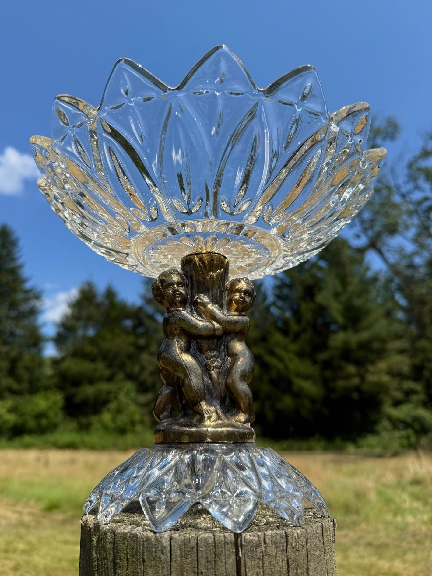 Vintage 1950s Brass & Crystal Pedestal Cherub Dish