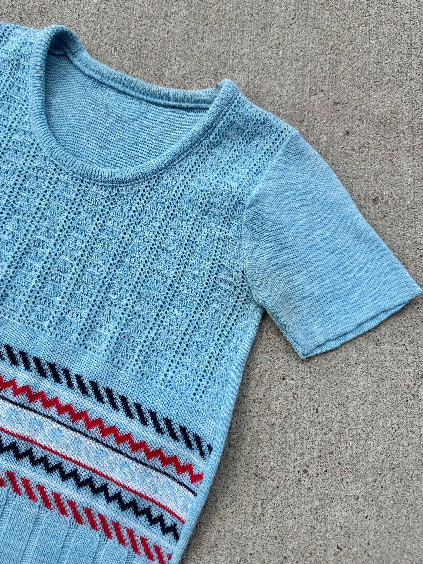 Vintage 1970s Blue Patterned Short Sleeve Knit Top | XS/S