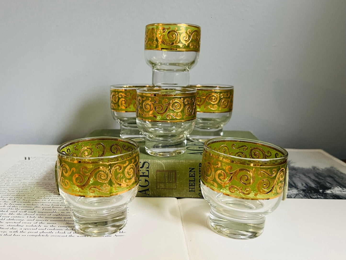 Vintage Culver Green & Gold Speck Glasses | Set of 6