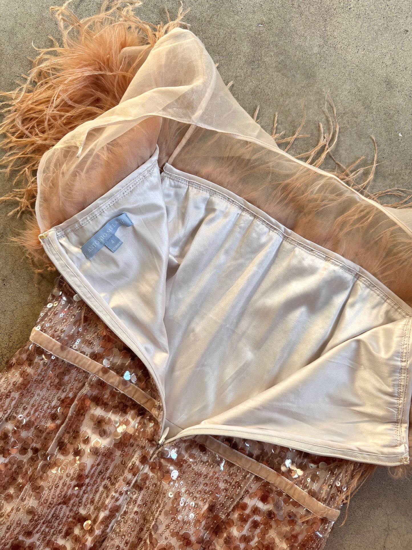 Antonio Melani Rose Gold Sequined Feather Cocktail Dress | Small