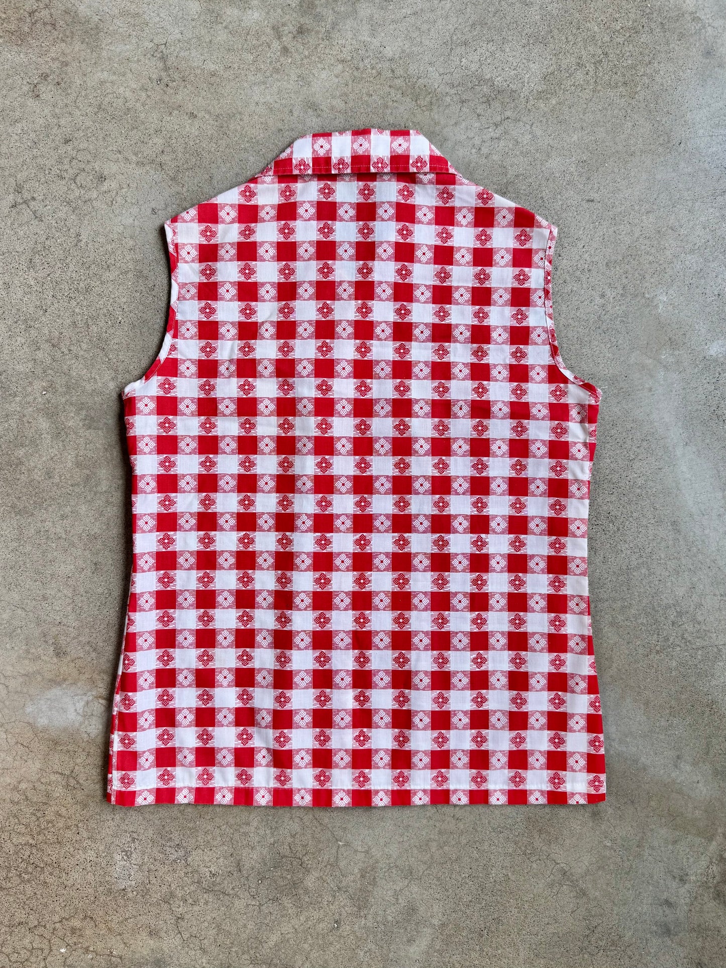 Vintage 1970s Miss K Red Floral Gingham Sleeveless Blouse | Small