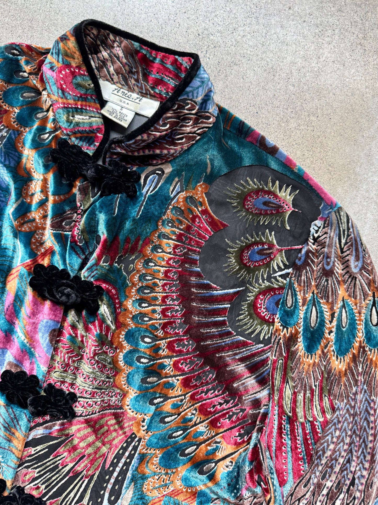 Vintage 1990s Aris A. Peacock Feather Velvet Burnout Silk-Blend Blouse | Small
