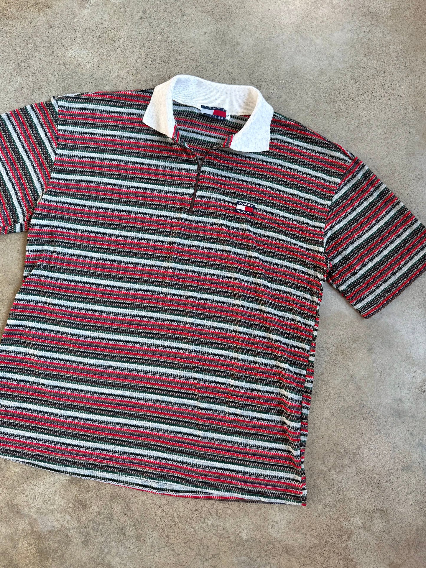 Vintage 1990s Tommy Hilfiger Striped Quarter Zip Polo Shirt | XL