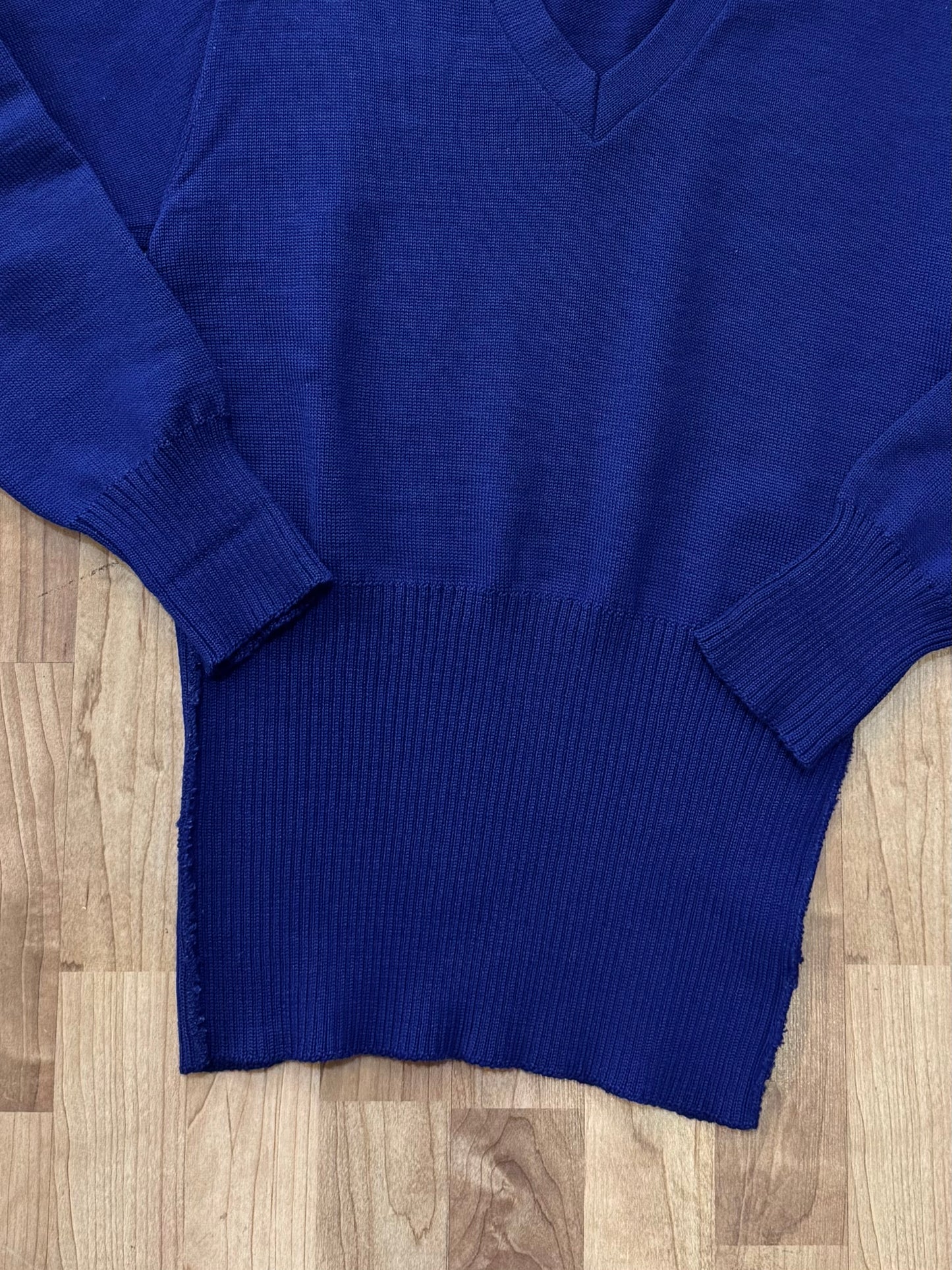 Vintage 1950s Broadway Knitting Mills Blue Wool V-Neck Varsity Sweater | Medium