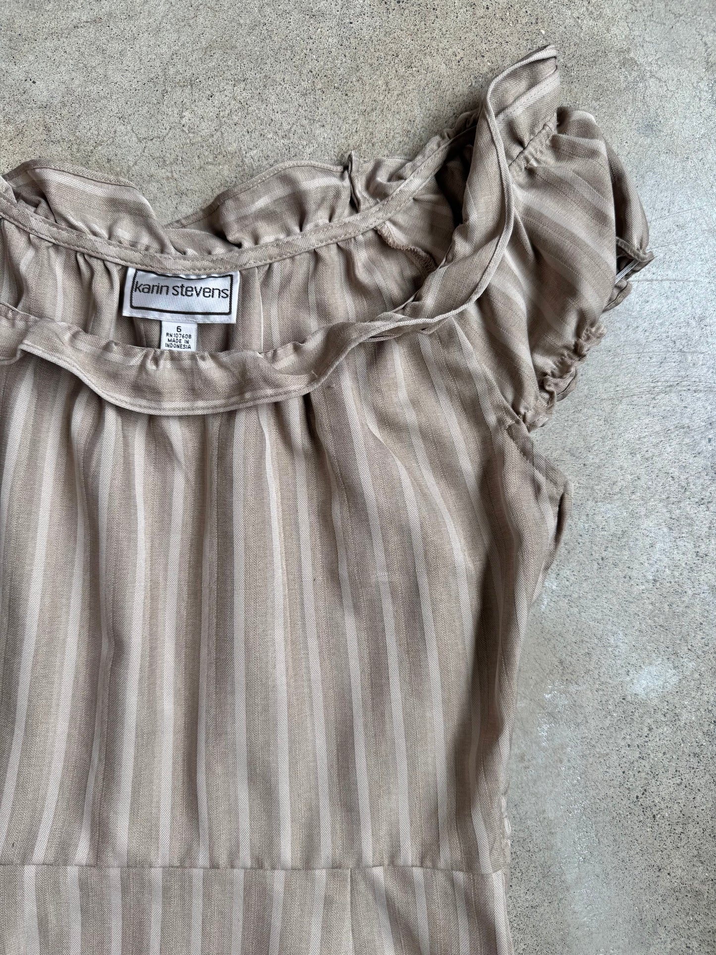 Karin Stevens Beige Stripe Ruffle Collar Dress | Small