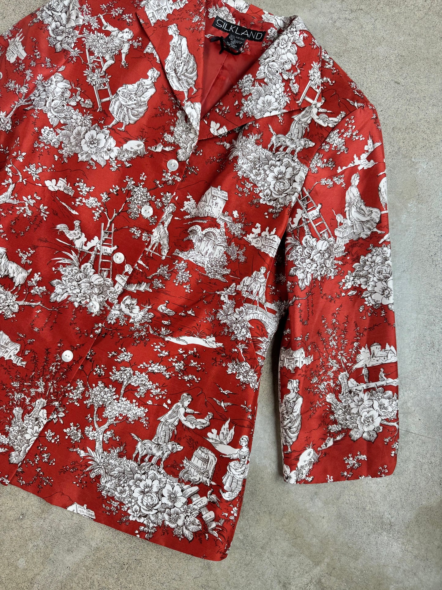 Vintage 1990s Silkland Red Toile Print Silk Blazer | Medium