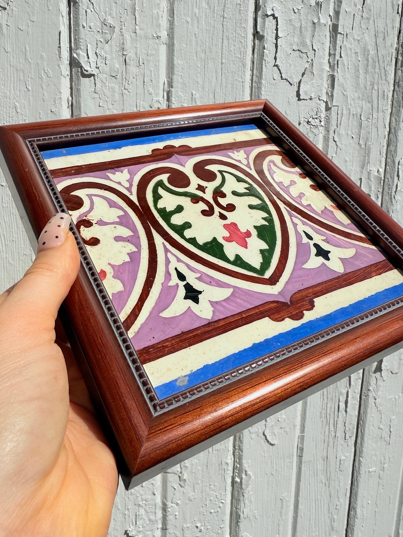 Antique 1920s Framed Hand-Painted Ceramic Tile