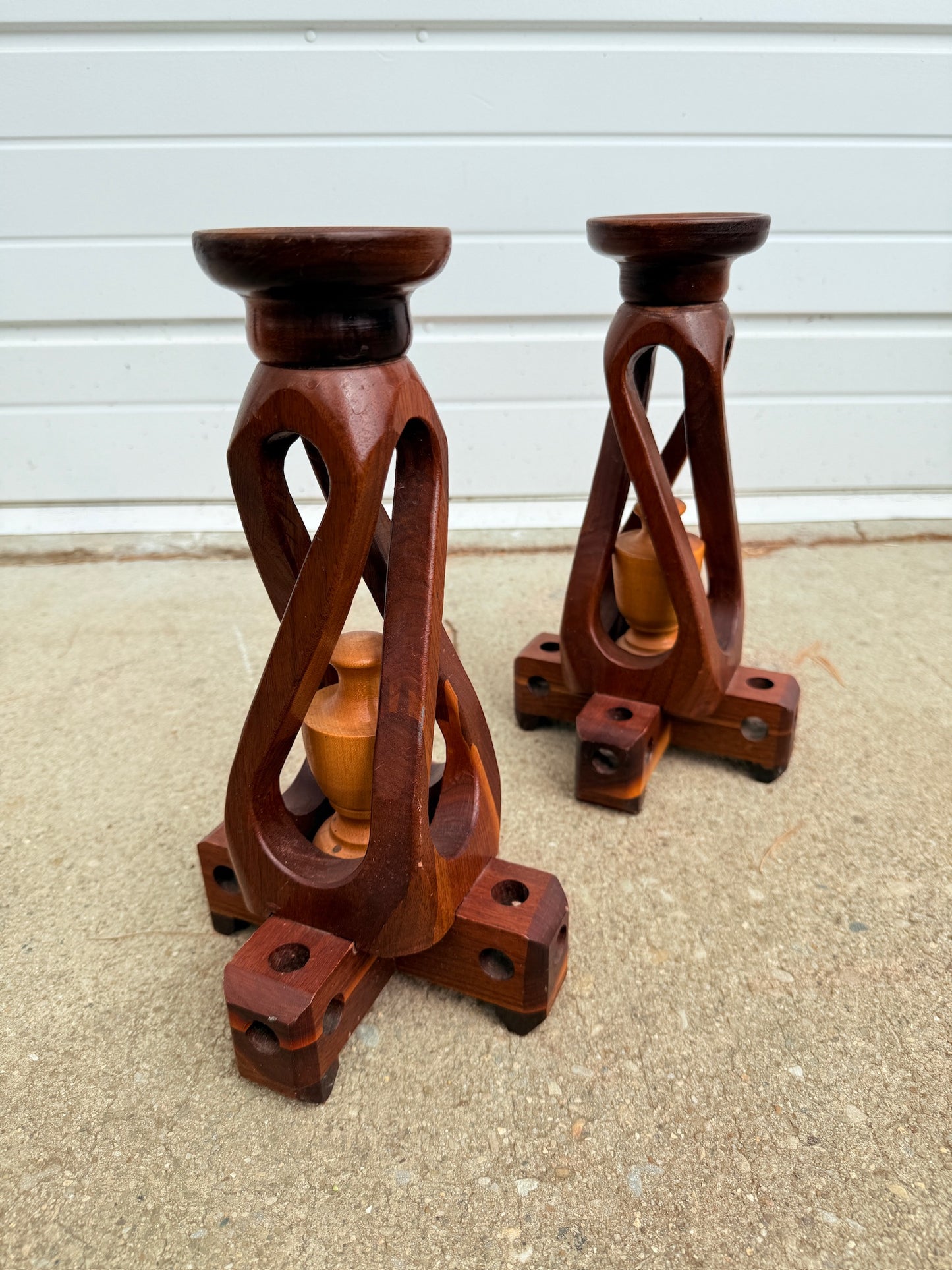 Vintage 1960s Hand-Carved Wood Spiral Candlestick Holders | Set of 2