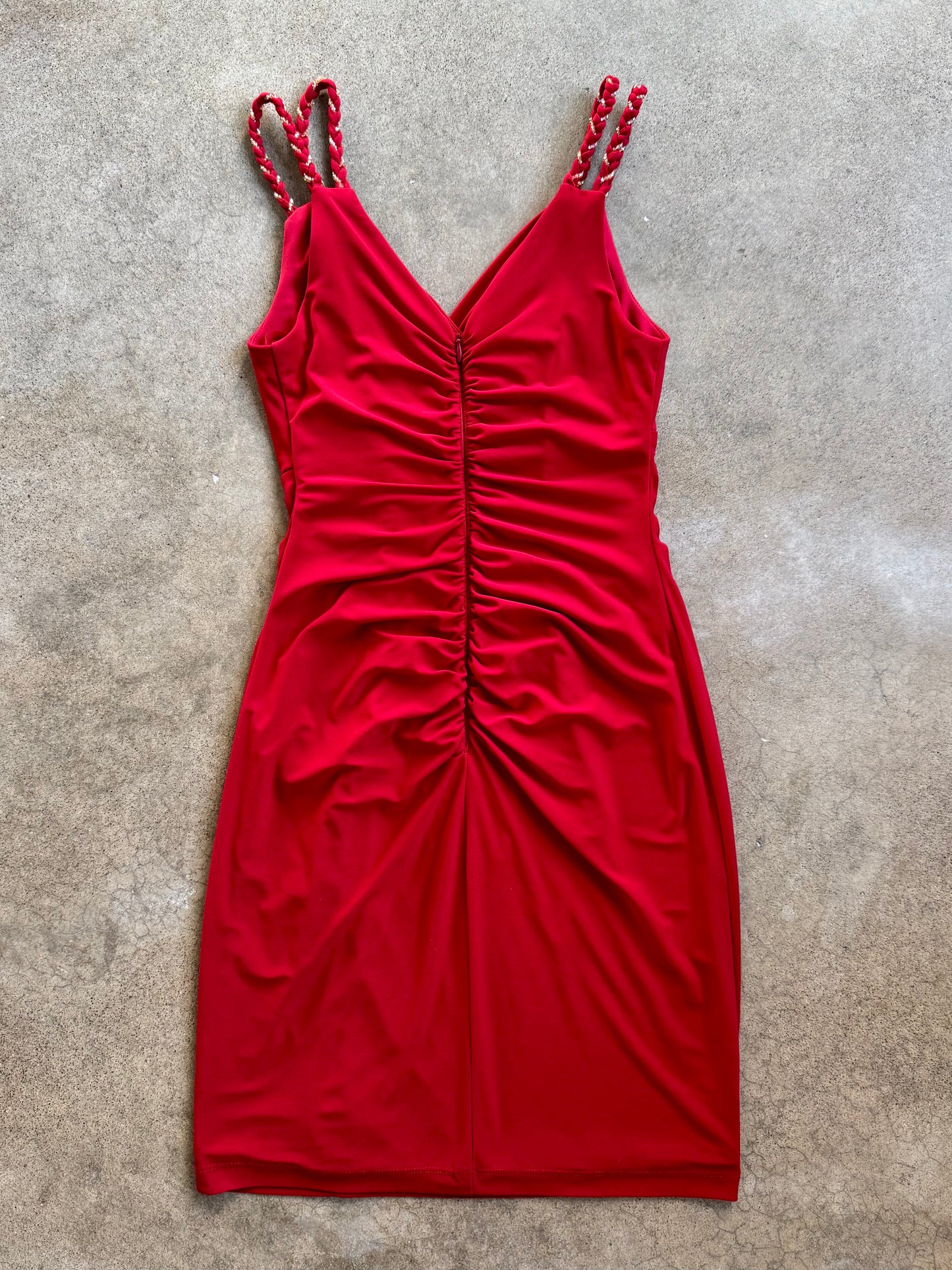 Vintage 1990s Cache Red Ruched Bodycon Formal Mini Dress | Small