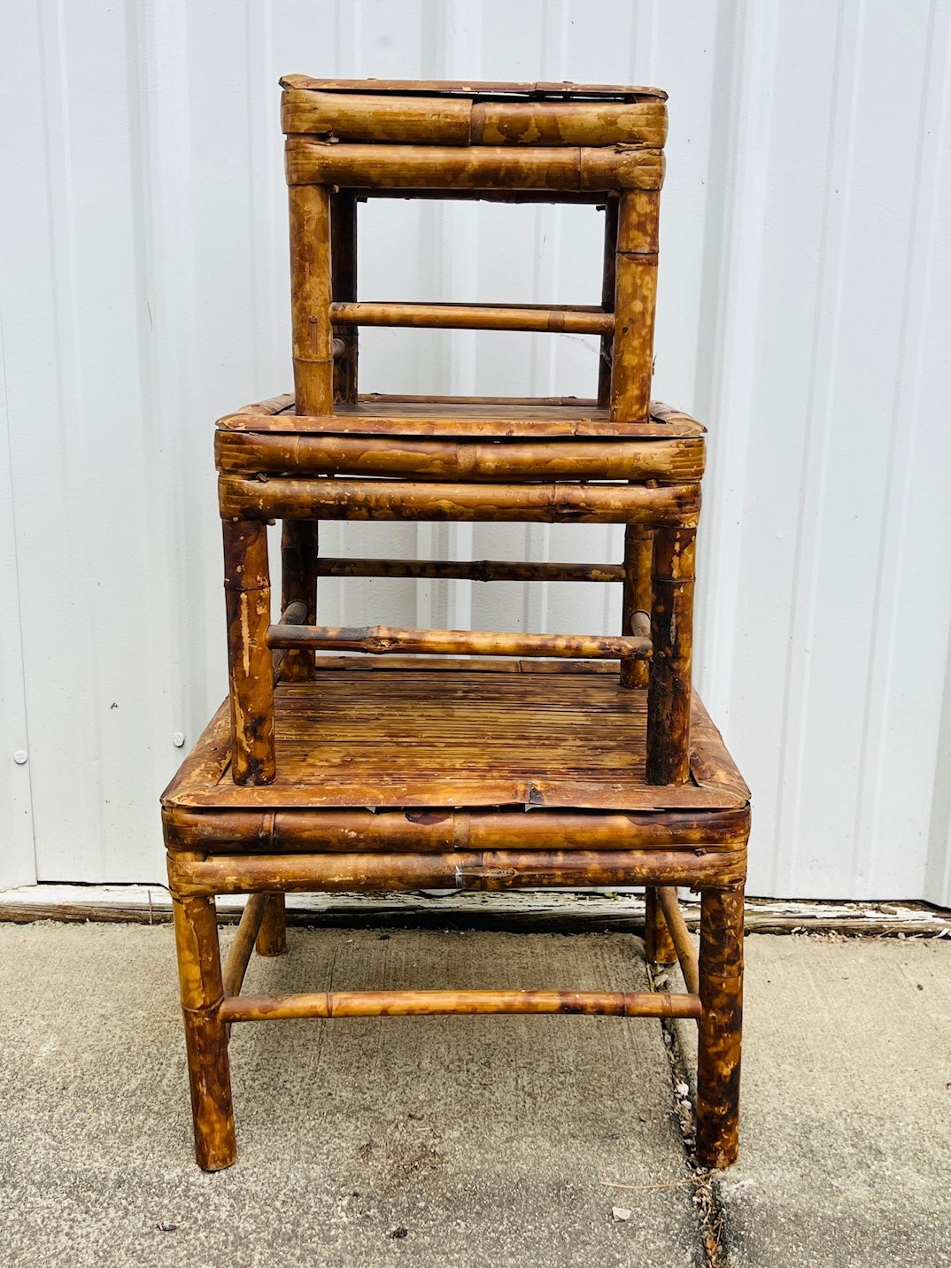 Vintage 1950s Tortoise Bamboo Planter Stools | Set of 3