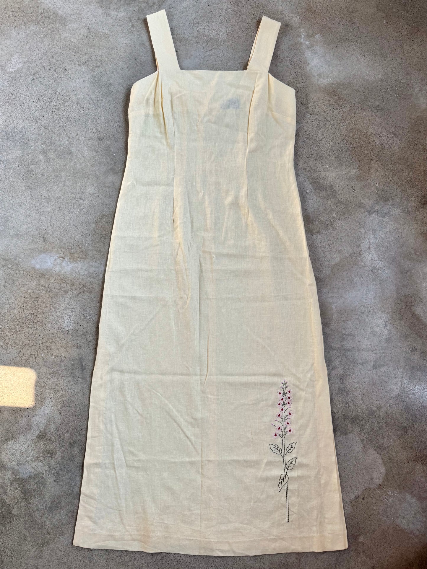 Vintage 1980s Virgo II Yellow Floral Embroidered Linen Maxi Dress | Large