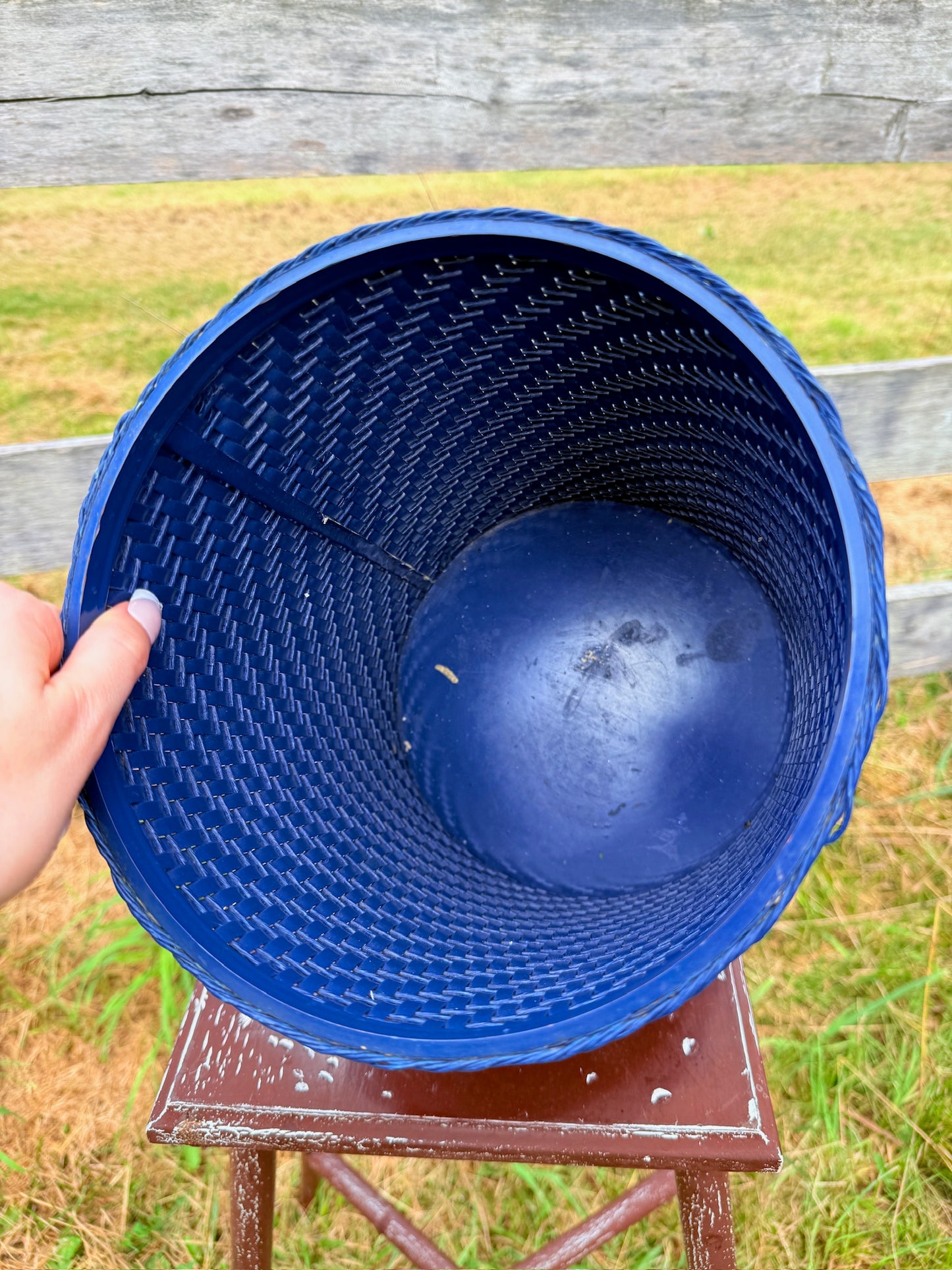 Vintage 1960s Navy Blue Straw Woven Waste Basket
