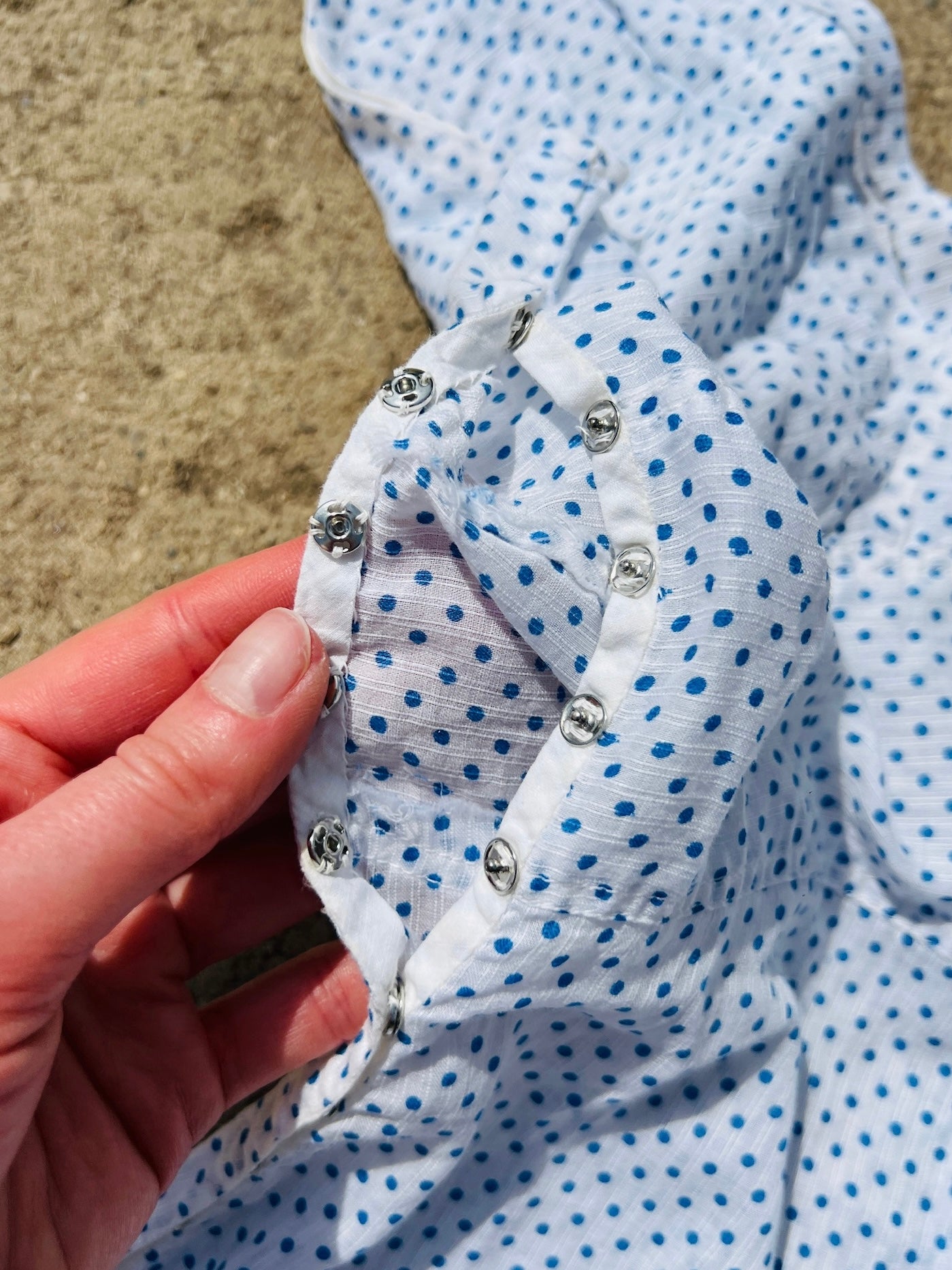 Vintage 1950s Blue Polka Dot Plunge Midi Dress | XS