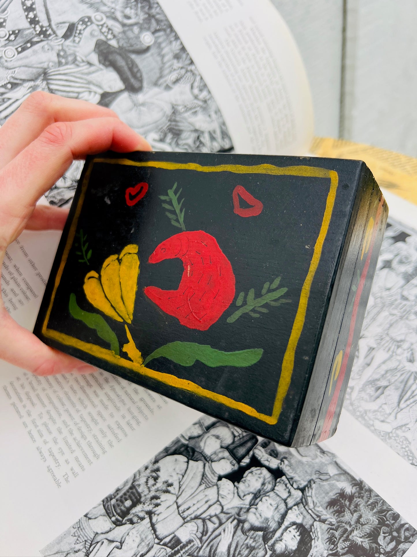 Antique Scandinavian Wood Hand Painted "Bear and Flower" Box