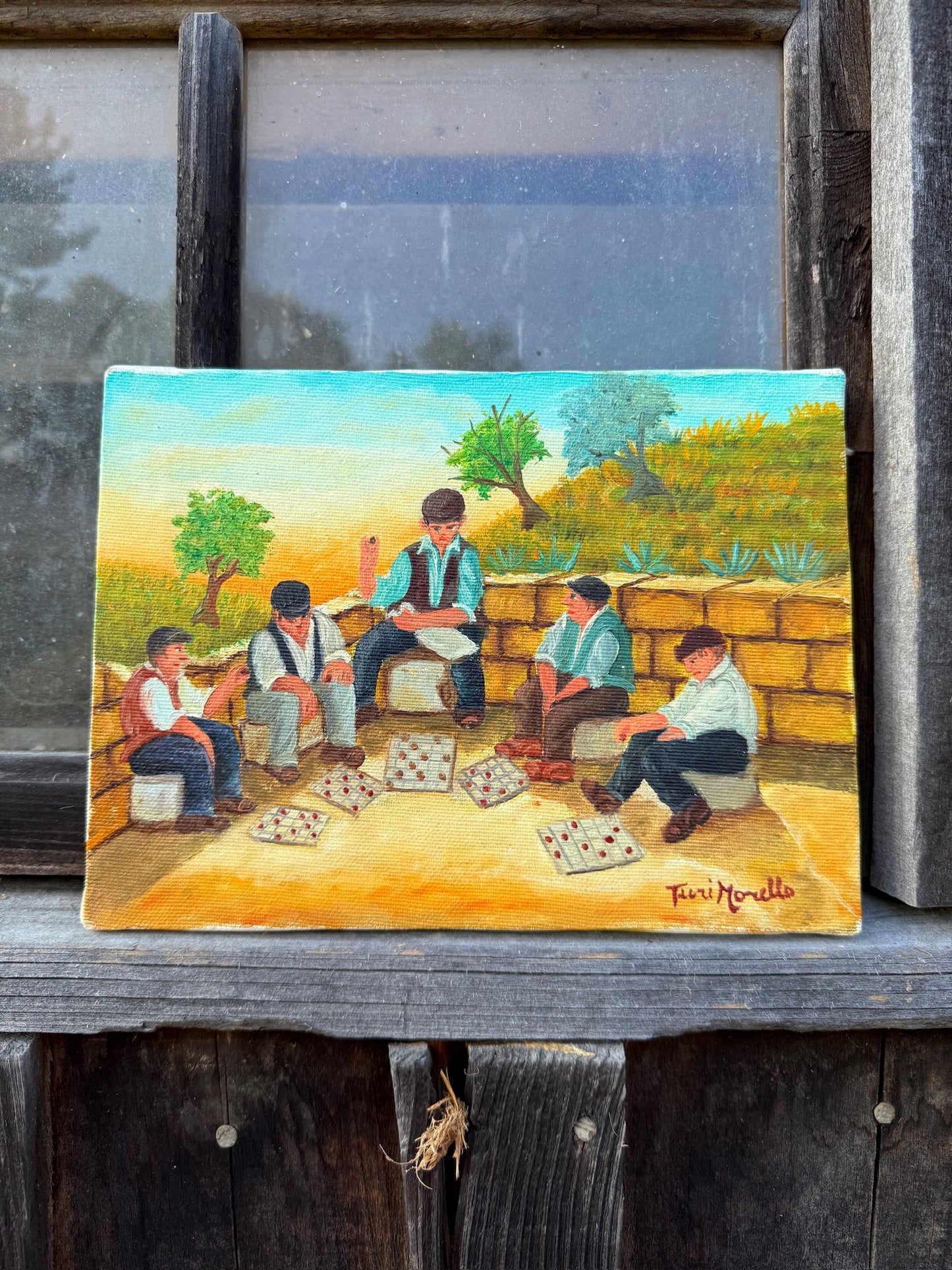 Vintage Signed Turi Morello Sicilian "Boys Playing Checkers" Oil on Canvas Painting